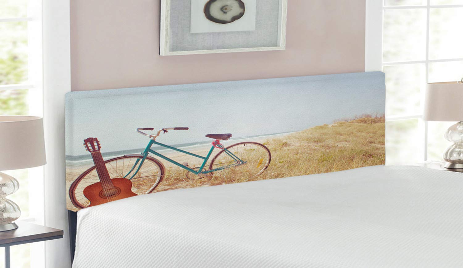 Ambesonne Vintage Upholstered Headboard - Queen Size Blue Metal Bed Frame with Memory Foam, Decorative Beach Guitar & Bike Summer Photo Art | Perfect for Coastal Bedroom Decor, Guest Rooms & Vacation Home Styling