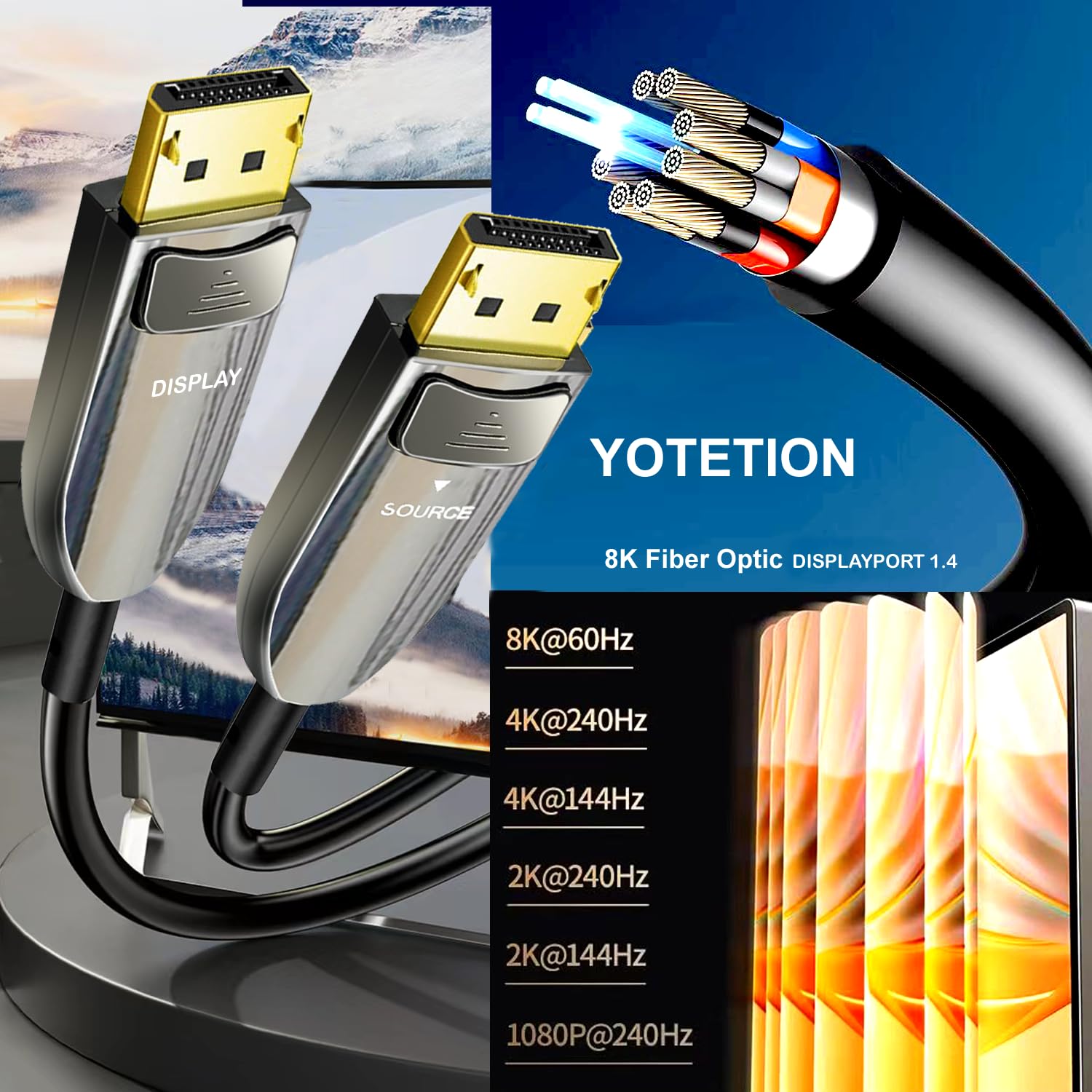 8K Fiber Optic DisplayPort Cable 125FT - 32.4Gbps DP to DP Cable 1.4 Supports 8K@60Hz, 4K@240Hz, 2K@240Hz for Gaming Monitors, Graphics Cards, PC - Ultra HD Gaming & Professional Video Editing