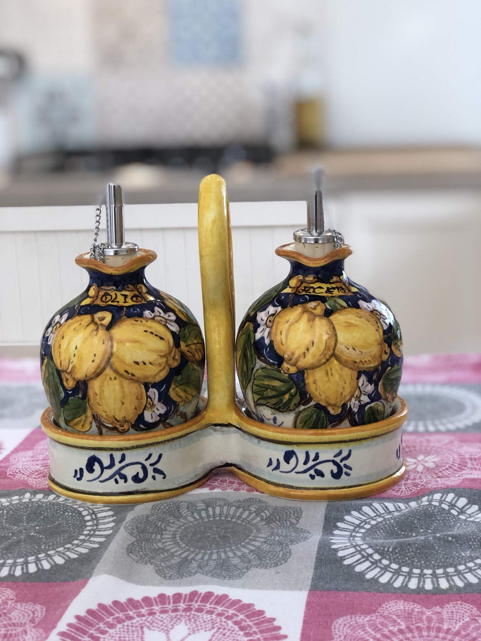 Italian Hand-Painted Ceramic Oil and Vinegar Cruet Set - Tuscan Art Pottery with Three Lemons Design | CERAMICHE D'ARTE PARRINI | Made in Italy | Perfect for Kitchen, Dining Table & Gift Giving