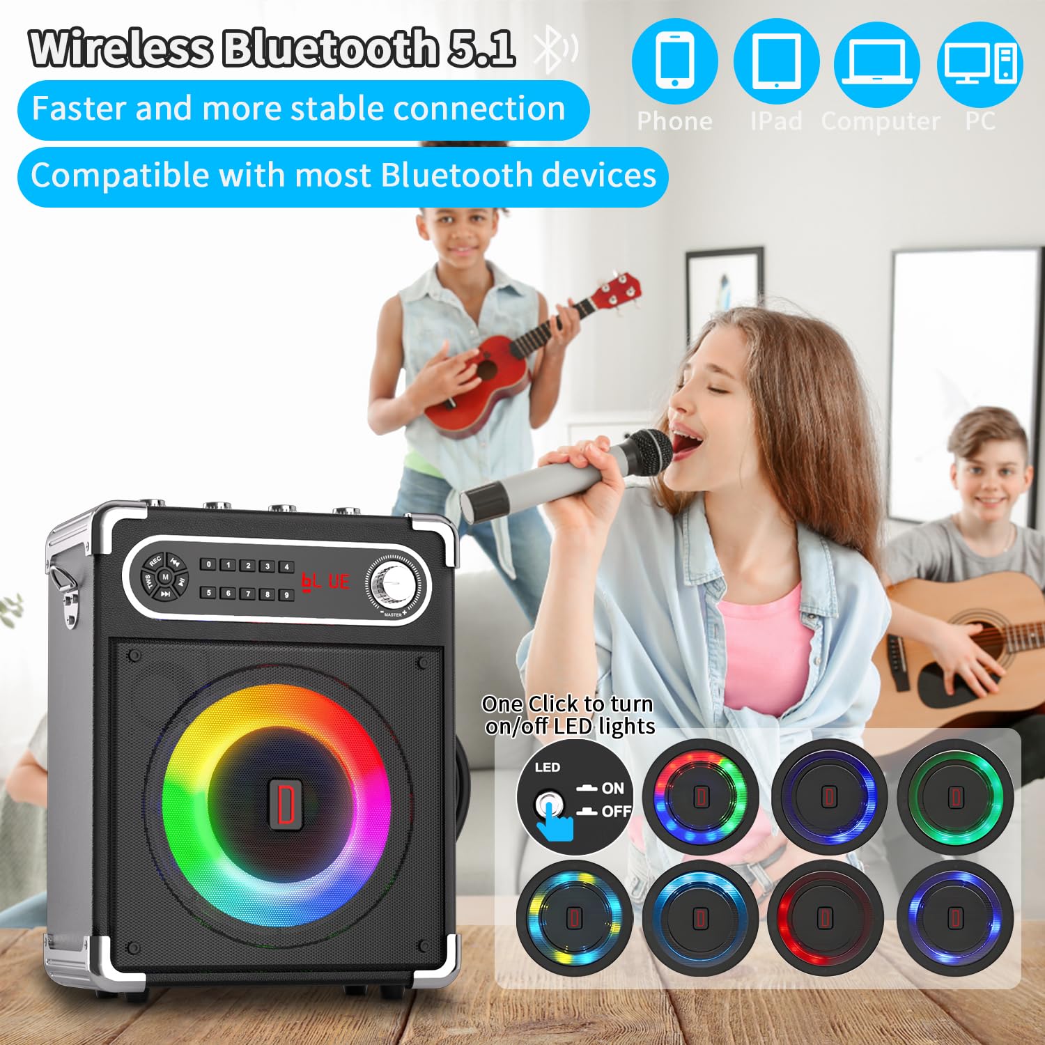 Portable Karaoke Machine with 4 Wireless Microphones - Bluetooth 5.1 Speaker with Bass/Treble Control, PA System, Remote, LED Lights, TF/USB/AUX Input, TWS, FM Radio, Recording - Perfect for Home Parties, Family Gatherings & Outdoor Events