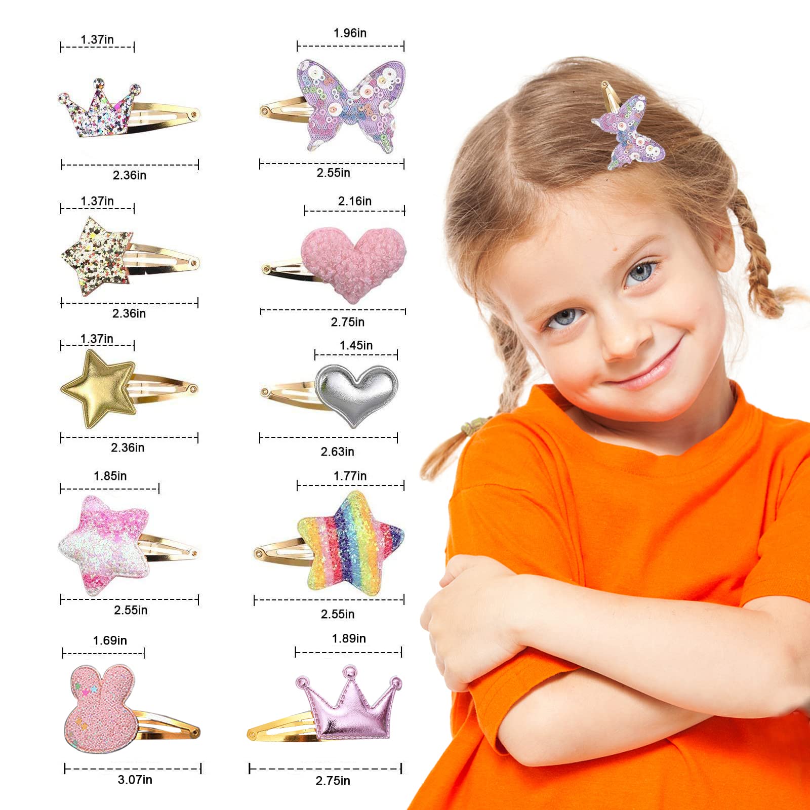 MUFEKUM 10 Pairs Girls Hair Clips - Cute Metal Snap Barrettes with Star, Butterfly, Crown, Heart & Rabbit Designs | Sparkly Hair Accessories for Kids & Toddlers | Perfect for School, Parties & Everyday Wear