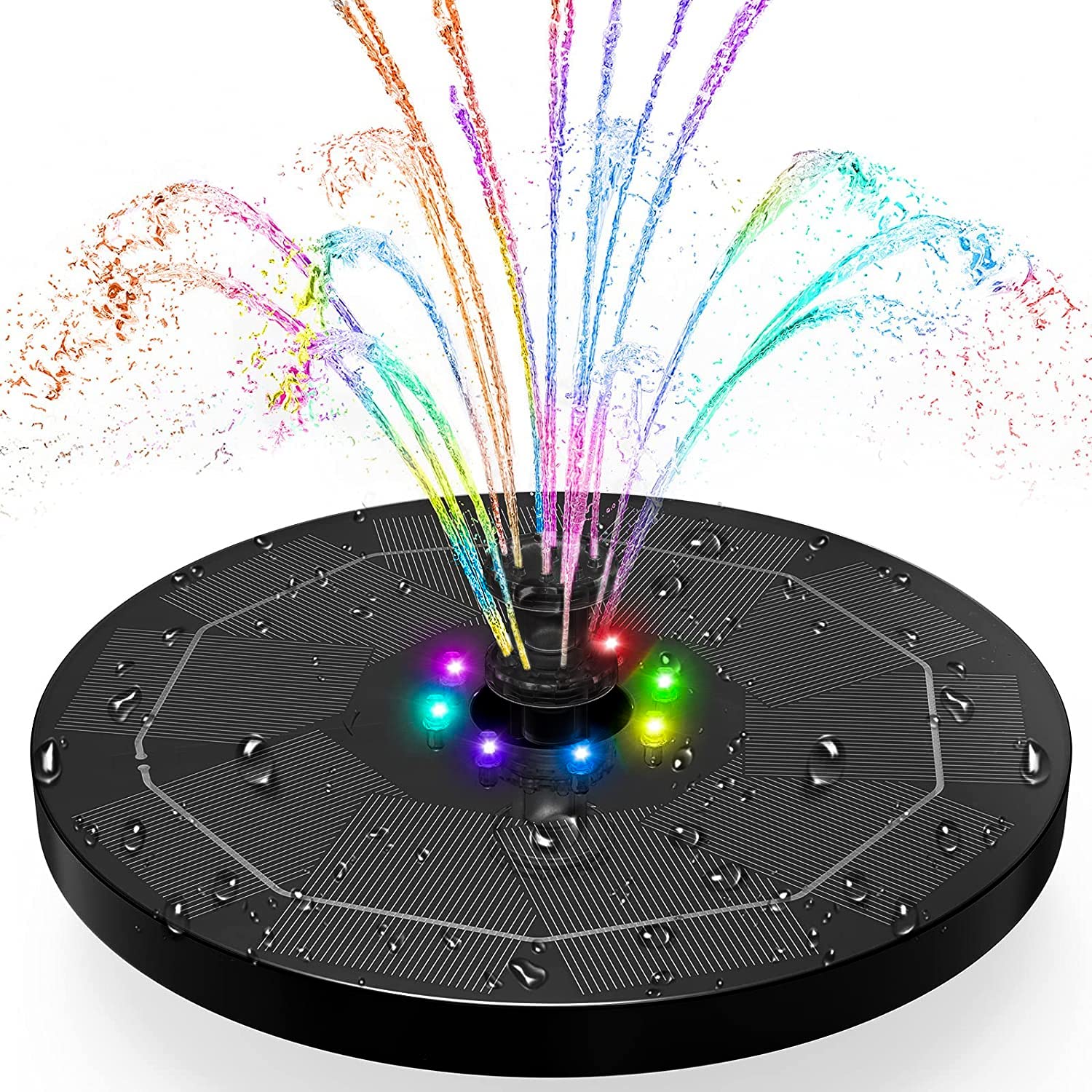 Solar Bird Bath Fountain with 7 LED Lights - 3.8W Solar Powered Water Pump, 6 Nozzles & Safety Protection - Outdoor Solar Fountain for Garden, Pond, Backyard Decor (Colorful) | Perfect for Attracting Birds & Enhancing Outdoor Spaces