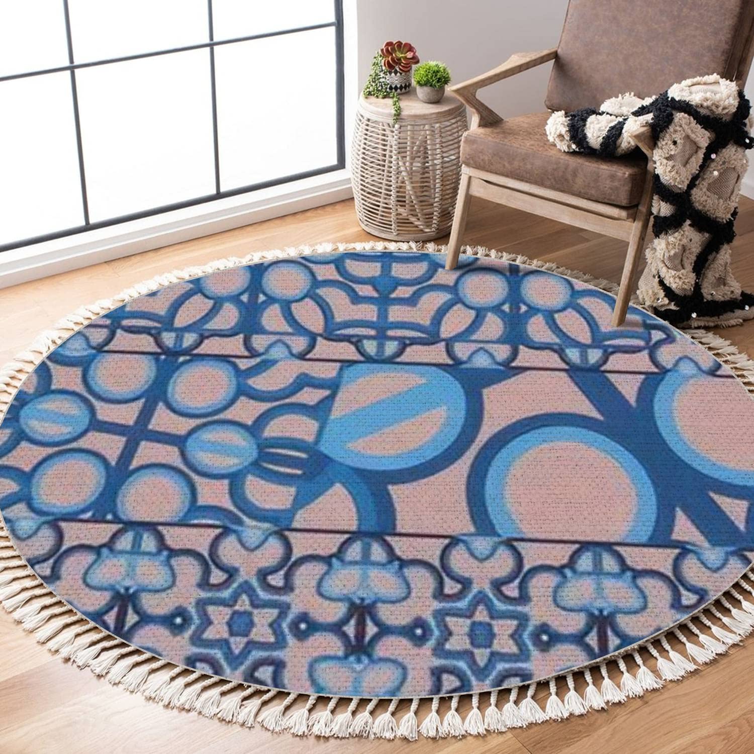 Abstract Round Area Rug - 4 ft Boho Woven Carpet for Bedroom, Bathroom, Laundry Room & Outdoor Decor | Minimalist Seamless Geometric Design for Home & Powder Room