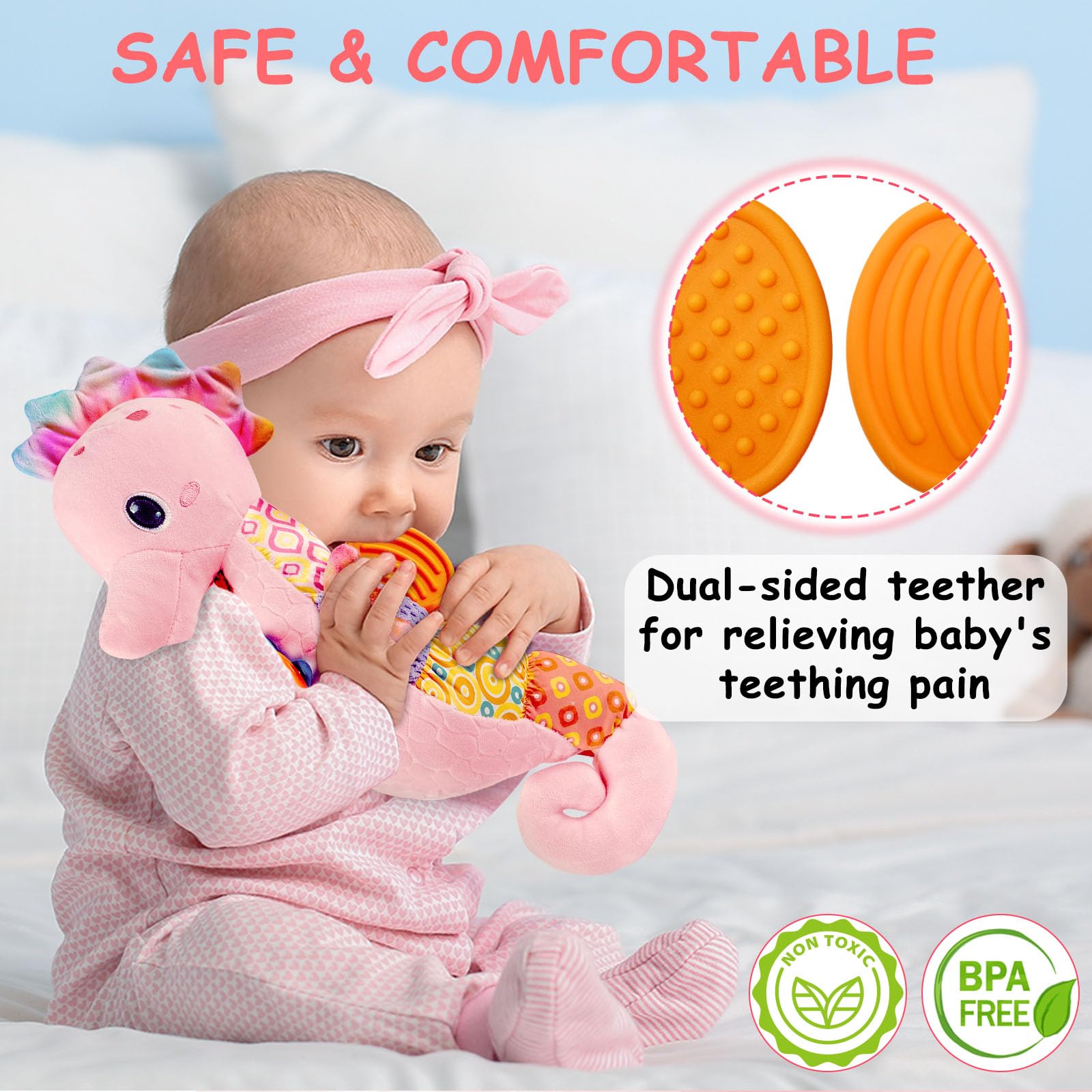 Fuzqq Soft Musical Baby Toys 0-12M - Crinkle & Rattle Stuffed Animal for Newborns (Pink) | Nursery Playtime Gift