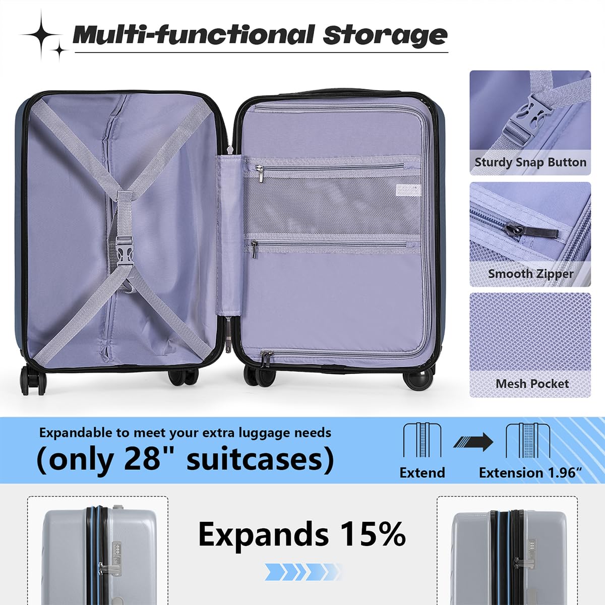 AnyZip 20'' Carry On Luggage with Spinner Wheels, TSA Lock & Multiple Pockets - Lightweight ABS+PC Hardshell Suitcase (Navy Blue) - Perfect for Air Travel, Business Trips & Weekend Getaways