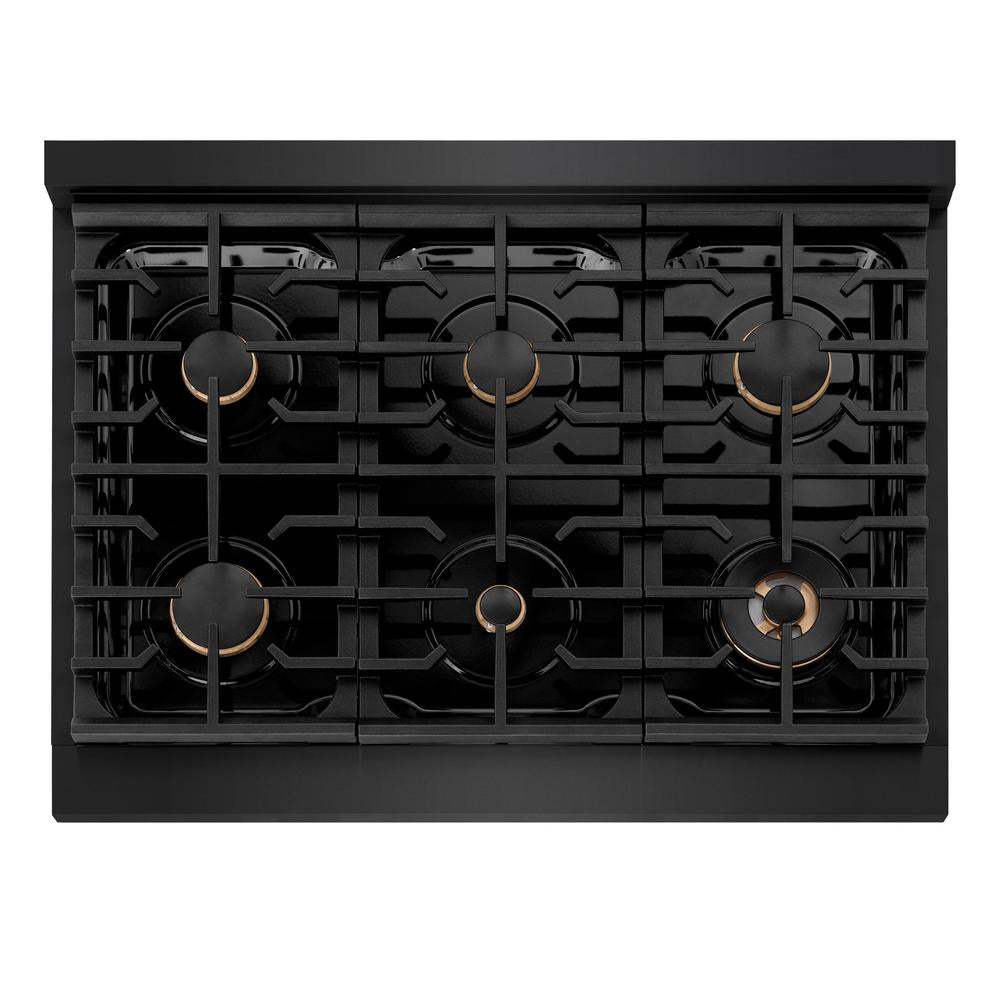 ZLINE 36 Inch Black Stainless Steel 6-Burner Gas Rangetop with Brass Burners & Porcelain Cooktop - Professional Kitchen Stove for Home Chefs & Cooking Enthusiasts