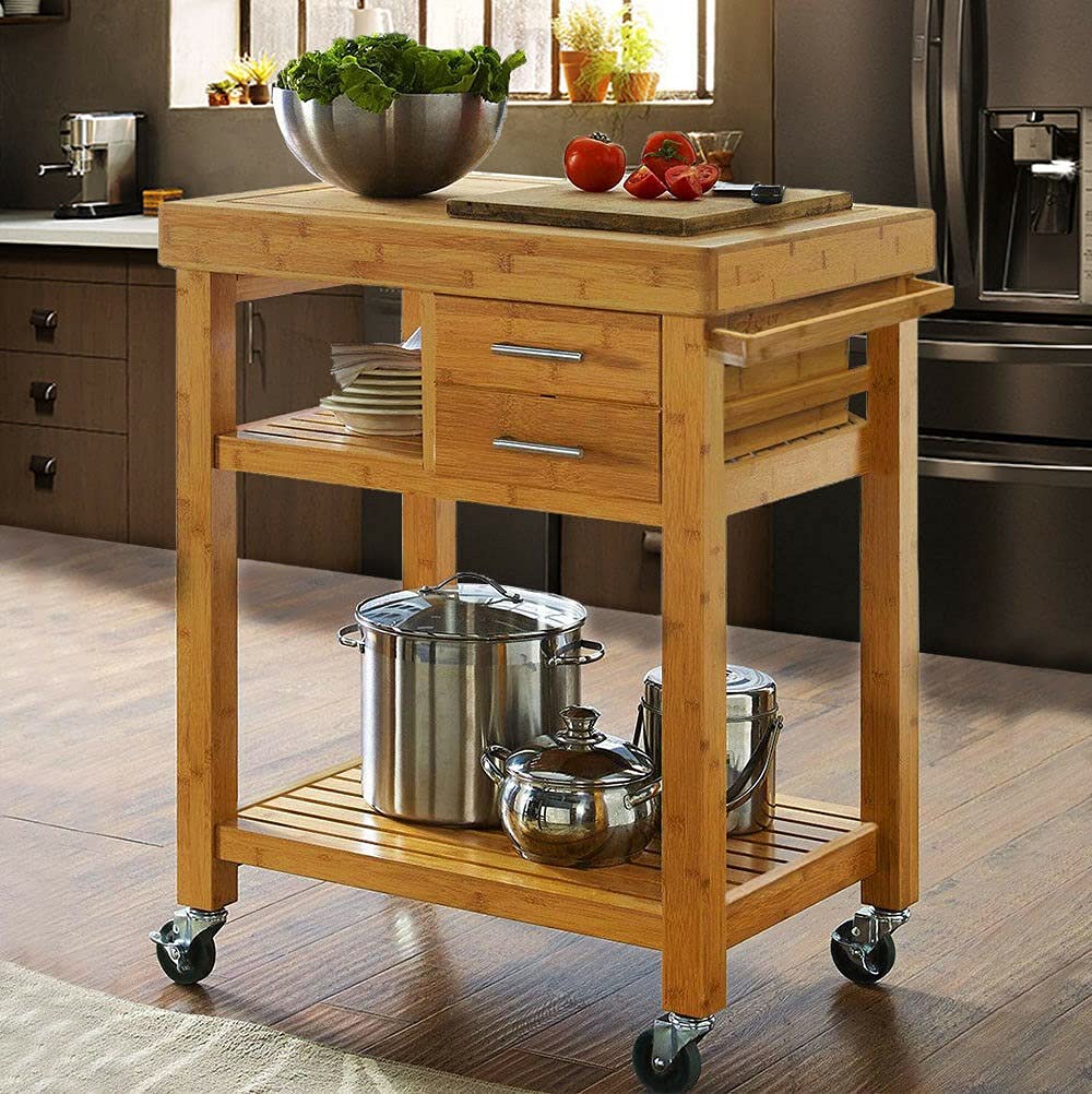 ADHW Bamboo Kitchen Island Cart with Wheels, Towel Rack, Drawer & Shelves - Mobile Kitchen Organizer for Small Spaces, Dining Room & Food Prep Station
