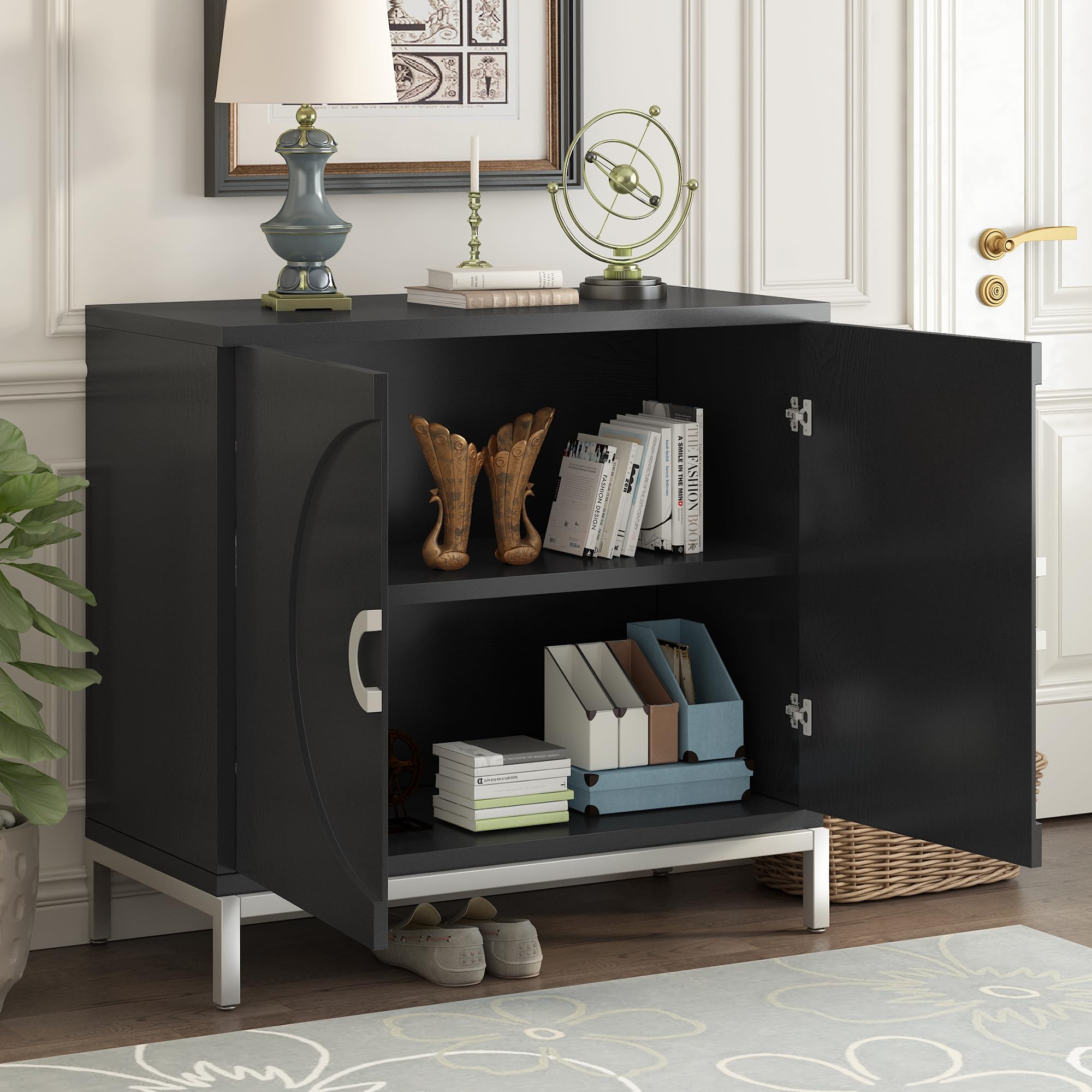 Modern Storage Cabinet & Console Table - Solid Wood Veneer with Metal Leg Frame, Entryway Sideboard for Living Room, Bedroom, Hallway - Black Minimalist Design (Perfect for Small Spaces & Home Organization)