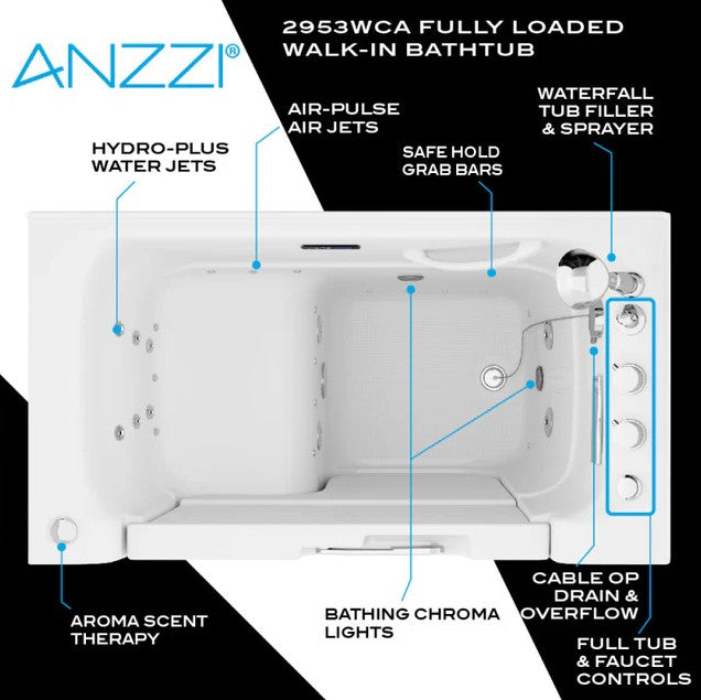 Anzzi 2953WCRWD 29x53 Inch Right Drain Walk-In Bathtub with Whirlpool Air Jets - Wheelchair Accessible Soaking Tub for Seniors & Mobility Needs | Bathroom Safety & Relaxation
