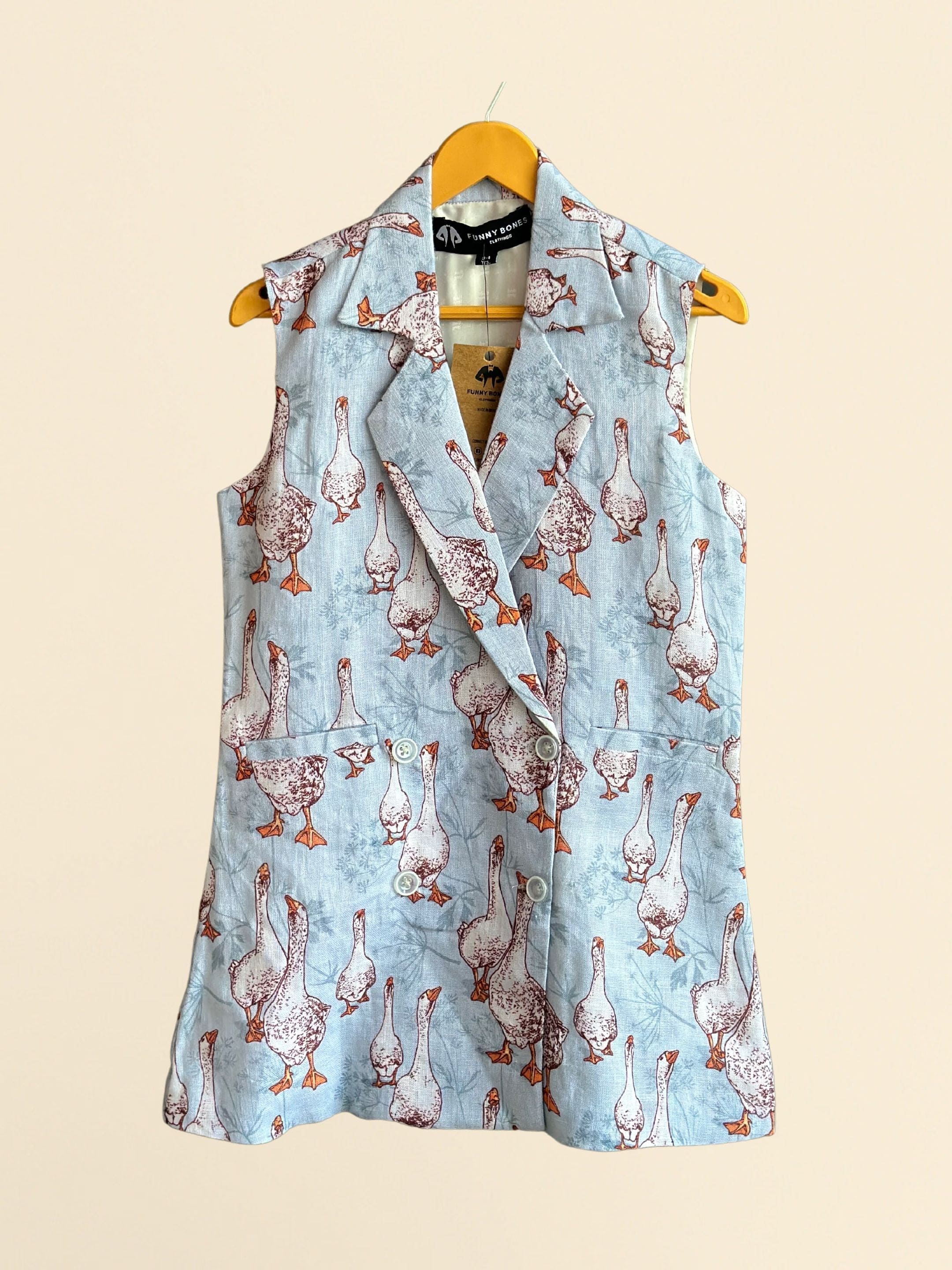 Pre Order: Goose Print Pure Linen Blazer Dress for Women - Elegant Summer Office Wear & Casual Outfit