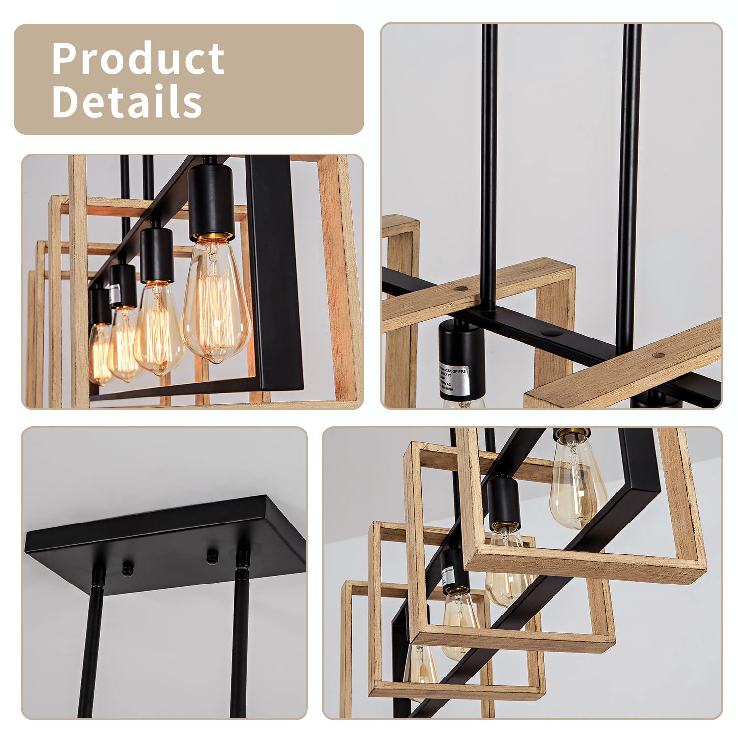 4-Light White Wood Pendant Lighting for Kitchen Island & Dining Room - Farmhouse Chandelier with Rustic Black Finish, E26 Bulb Compatible - Perfect for Kitchen Counter, Breakfast Nook & Farmhouse Dining Table Lighting