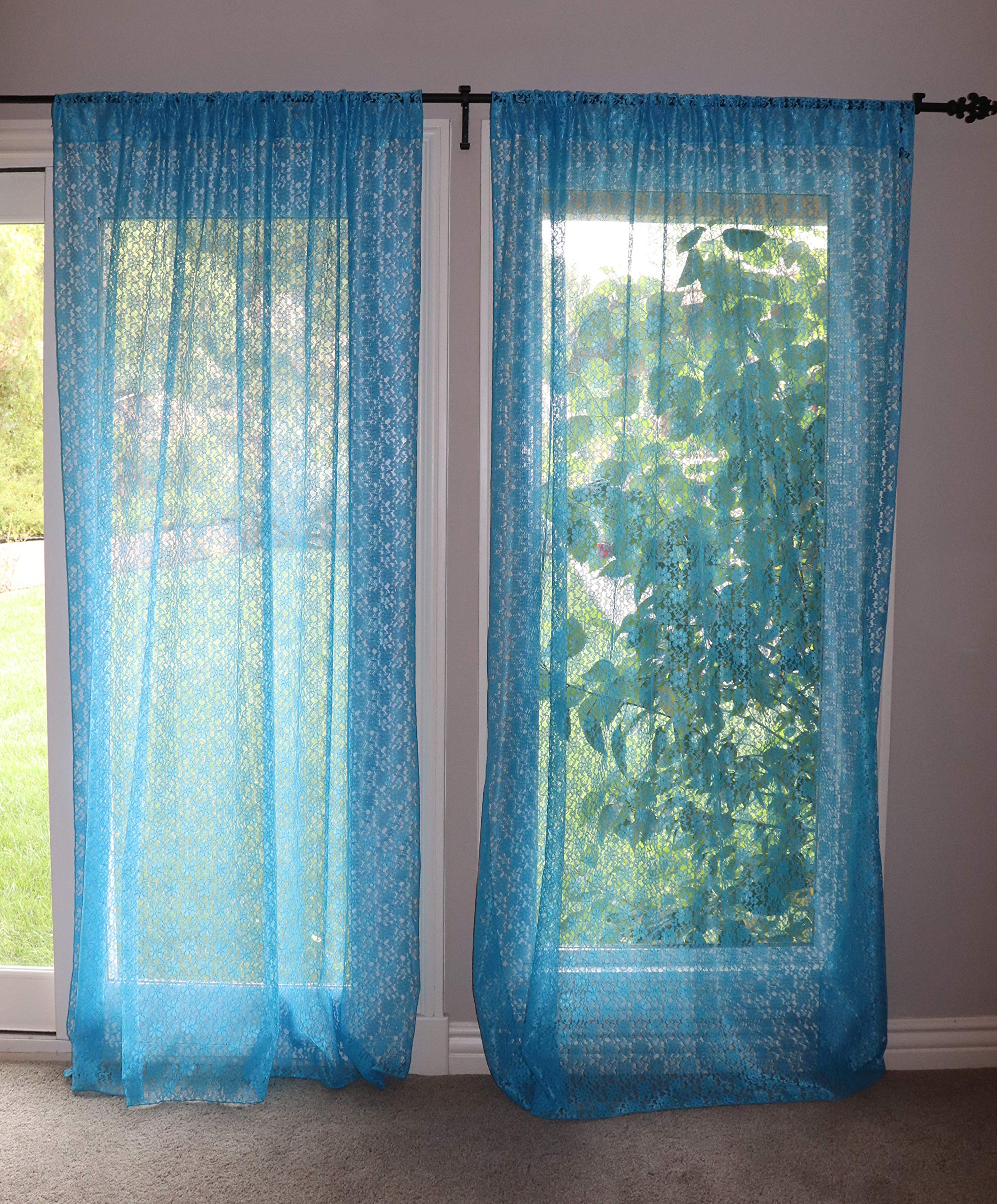 Floral Lace Curtain Panel - Sheer Turquoise Window Decor for Bedroom & Kitchen