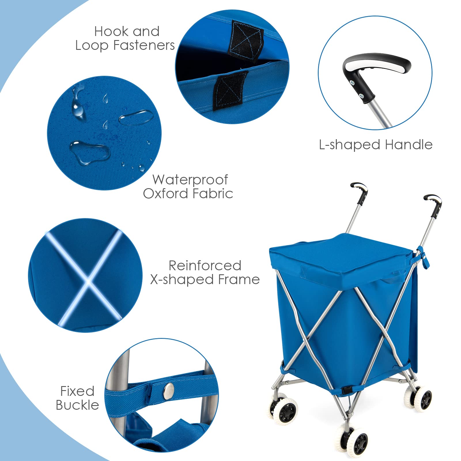 Goplus Foldable Shopping Cart with Wheels - Lightweight Grocery Utility Cart with Removable Oxford Cloth Liner for Supermarket, Laundry & Home Use (Blue)