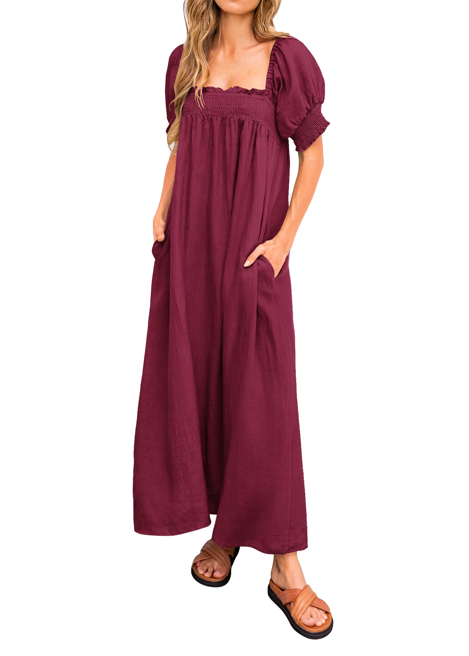KIRUNDO Women's 2025 Summer Maxi Dress - Casual Loose Puff Sleeve Square Neck Maternity Beach Dress with Pockets | Flowy Long Dress for Pregnancy, Vacation, and Outdoor Activities