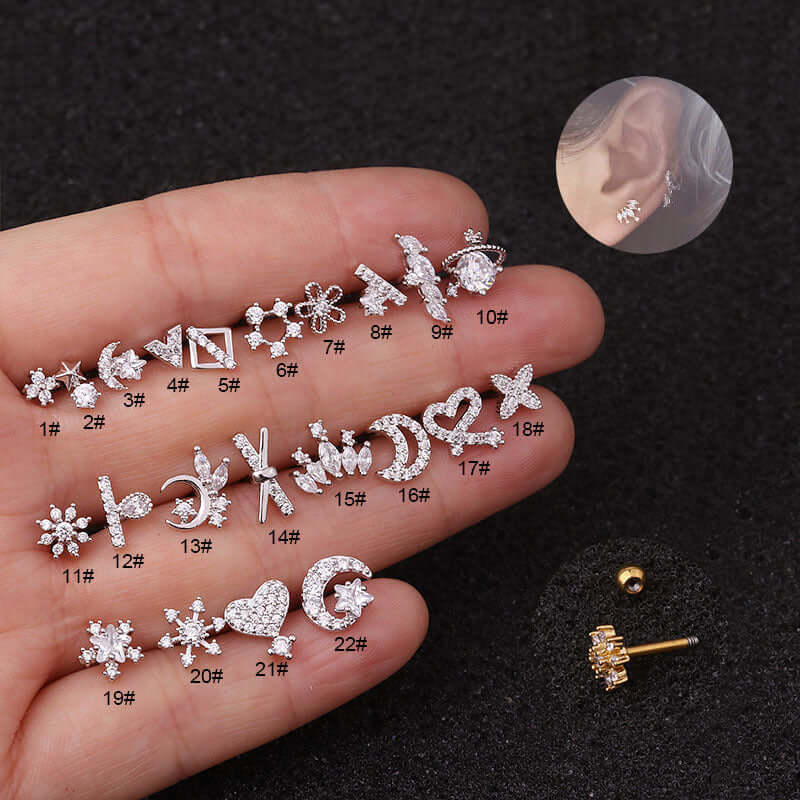 16G Celestial Cartilage Stud Earrings for Women - Silver Star & Moon Piercing Jewelry - HSPJ219 | Perfect for Daily Wear, Parties & Gifts