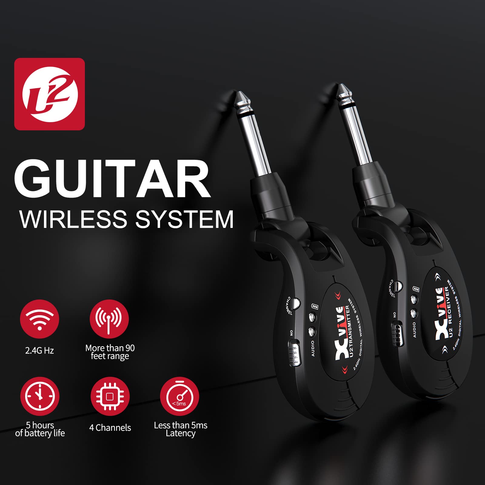 Xvive U2 Wireless Guitar System - Transmitter & Receiver for Electric Guitar, Bass, Violin - Professional Digital Wireless Audio Solution for Stage & Studio (Red)