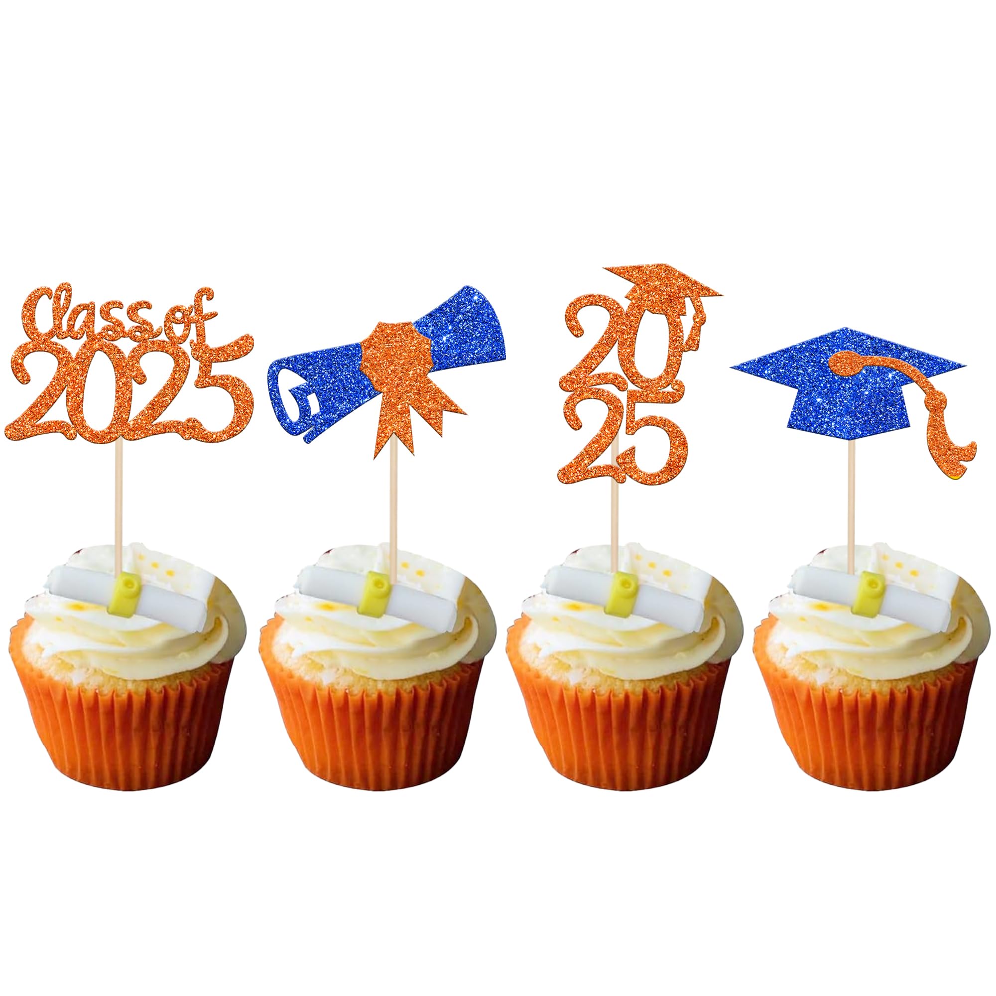 36 PCS 2025 Graduation Cupcake Toppers - Glitter Class of 2025 Cake Decorations with Diploma & Grad Cap - Blue & Orange Party Supplies for Graduation Ceremony, School Celebration & Dessert Table Decor