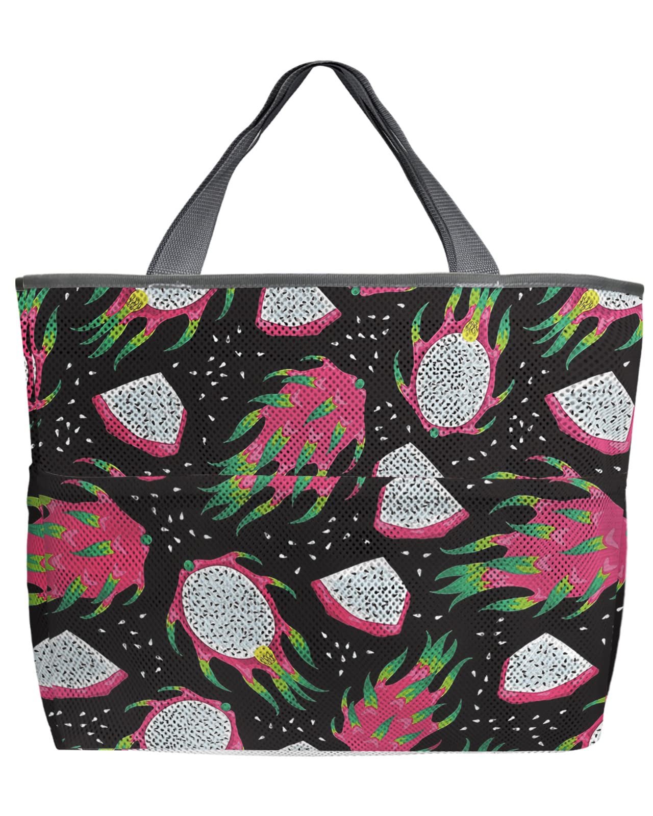 60L Large Mesh Beach Tote Bag - Quick Dry Watercolor Dragon Fruit Design with Pockets | Foldable Lightweight Swim Bag for Pool, Beach & Grocery Shopping (24x16x9 Inches) | Perfect for Summer Vacations, Water Sports & Outdoor Activities