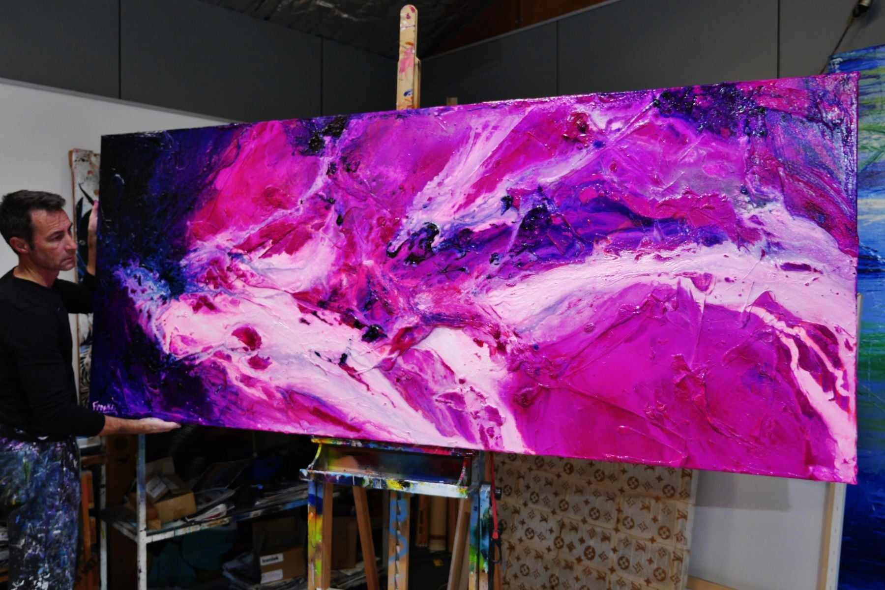 240cm x 100cm Pink White Purple Textured Abstract Painting - Atomic Samurai Style Wall Art for Living Room, Bedroom & Office Decor