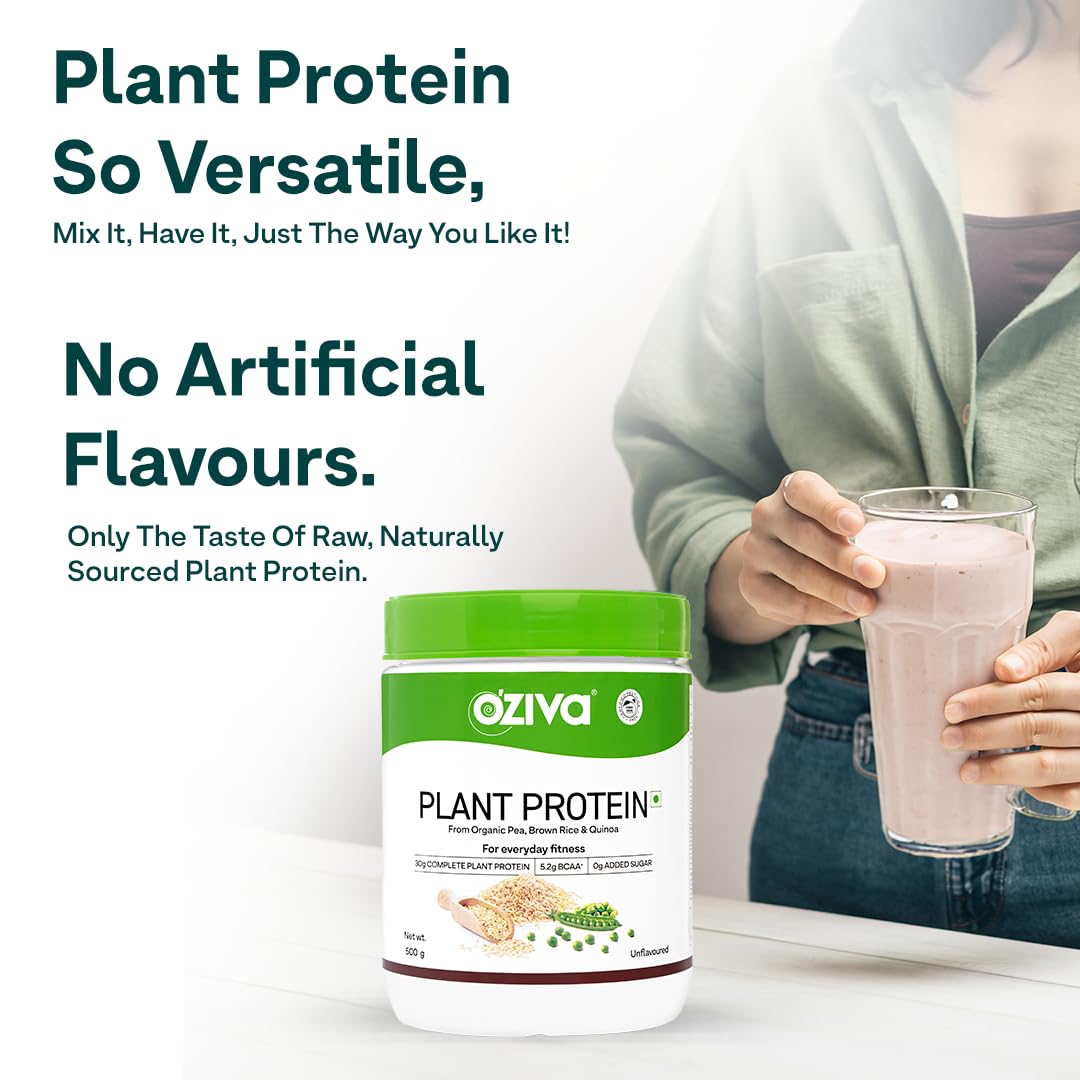 OZiva Organic Plant Protein Powder for Fitness & Muscle Recovery | 30g Pea Protein Isolate | Vegan, Sugar-Free, Clean Certified Protein Supplement | Unflavored 500g | Perfect for Post-Workout Shakes & Smoothies