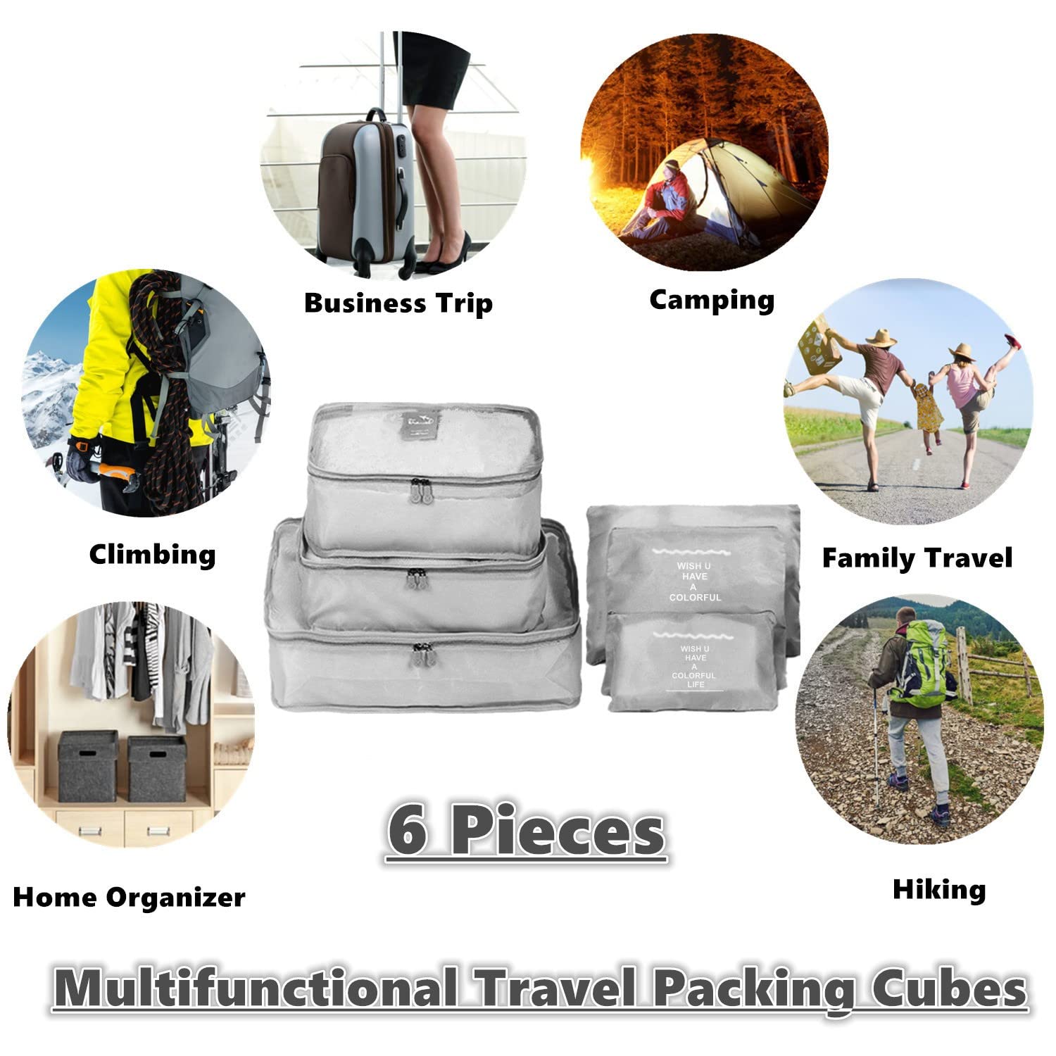 6-Piece Packing Cubes Set - Light Grey Travel Organizer Bags for Clothes & Laundry | Compression Storage Pouches for Suitcase, Carry-On Luggage | Perfect for Business Trips, Vacations & Weekend Getaways