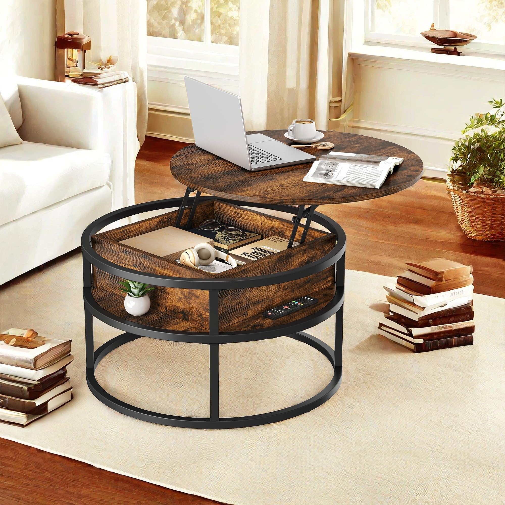 YITAHOME Round Lift Top Coffee Table with Hidden Storage Compartment - Modern Wood Center Table for Living Room, Home Office - Rustic Brown | Perfect for Small Spaces, TV Lounging & Entertaining Guests