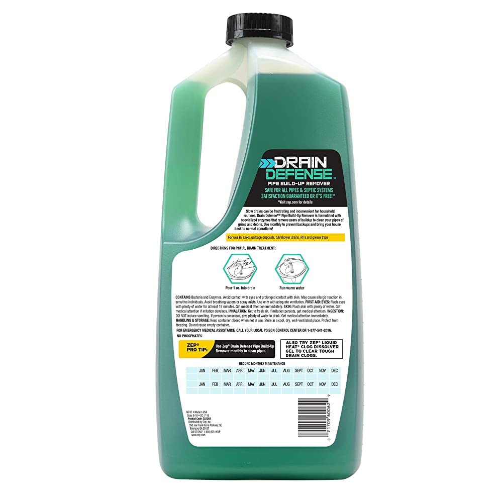Zep Drain Defense Pipe Build-Up Remover - 64 oz Professional Strength Liquid Drain Cleaner for Clogged Pipes - ZLDC648 - Safe for All Plumbing Systems - Use in Kitchen Sinks, Bathroom Drains & Showers