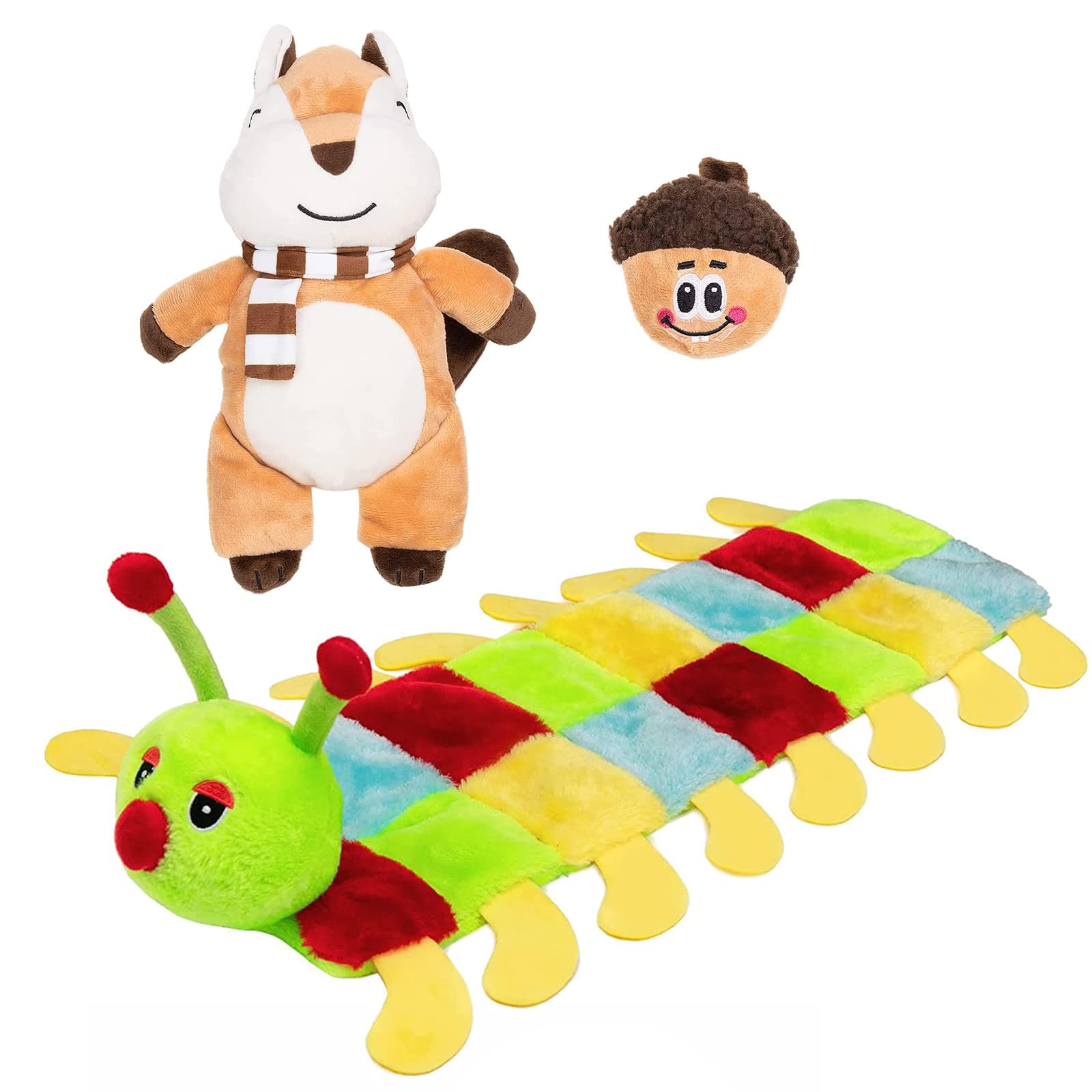EXPAWLORER 16 Squeakers Plush Squeaky Caterpillar Dog Toy - Colorful No Stuffing Chew & Interactive Squeaky Toy for Small Medium Large Dogs - Cute Squirrel with Surprise Acorn Inside - Perfect for Playtime, Training & Teething Puppies