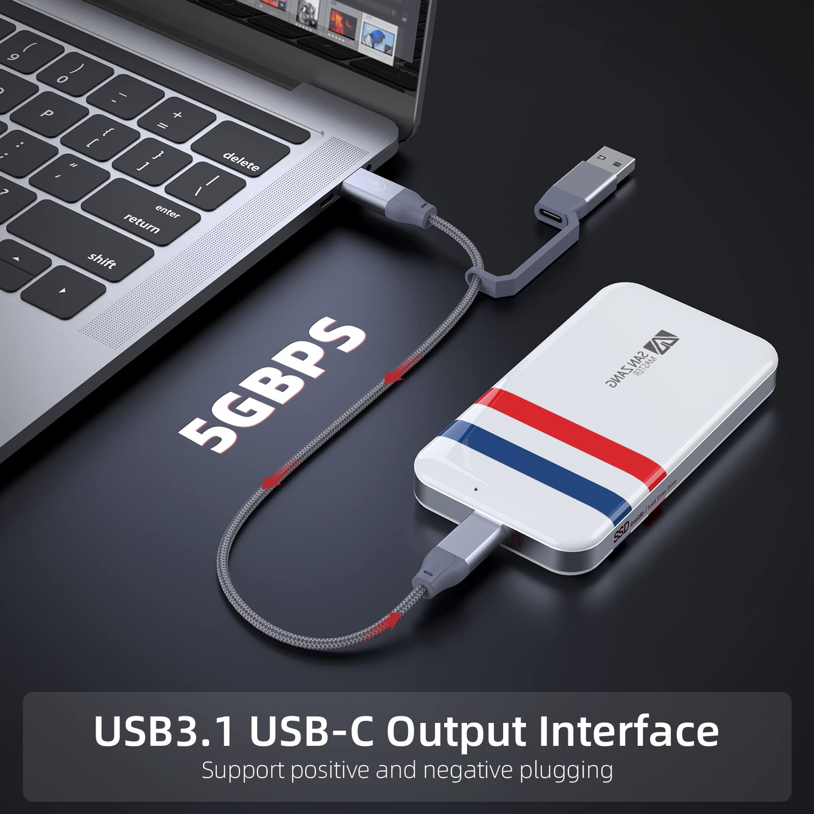 SAN ZANG MASTER 256GB Portable SSD - USB C External Solid State Drive with 2-in-1 Cable, 550MB/s High Speed, USB 3.1 Gen1 - Compact Storage for PC, Mac, Android & Gaming Consoles - Perfect for Travel, Work & Gaming Backup