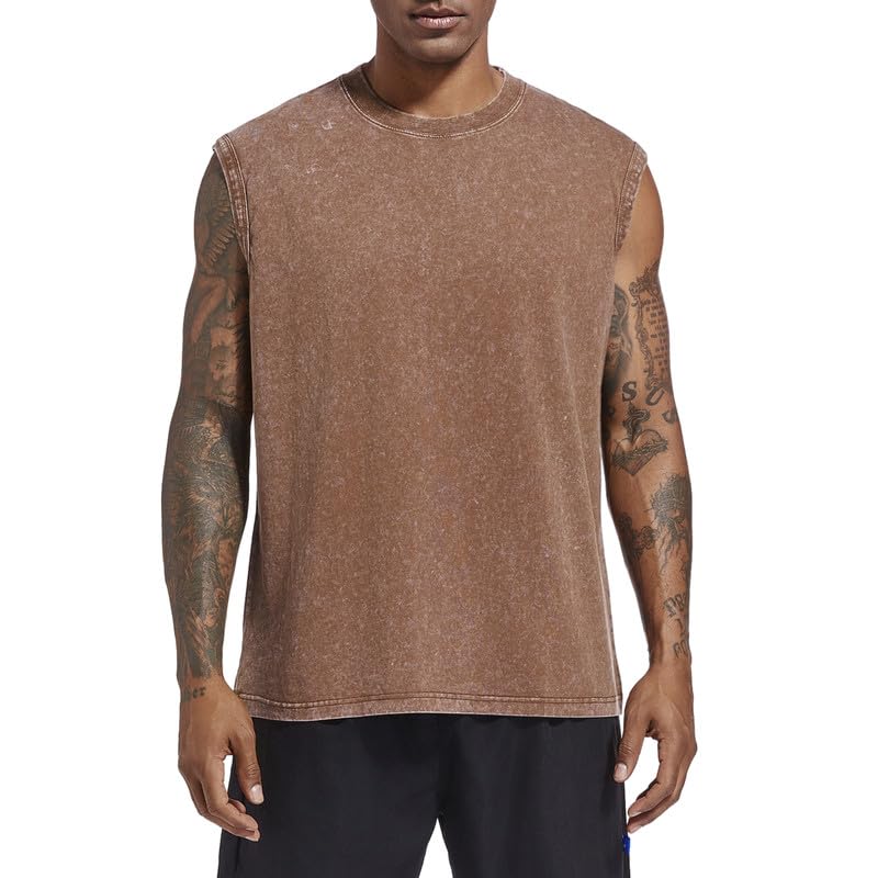 Men's Cotton Workout Gym Tank Top - Sleeveless Muscle Shirt for Running & Beach | Acid Wash Loose Fit Tee for Gym, Sports & Casual Wear