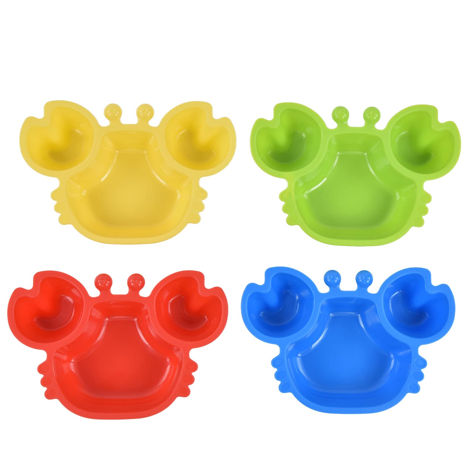 Colorful 4-Piece Kids Eating Dishes Set - Cartoon Crab Design Toddler Plates (Yellow, Red, Green, Blue) for Fun Mealtime & Learning Colors - Perfect for Home, Daycare & Travel Use