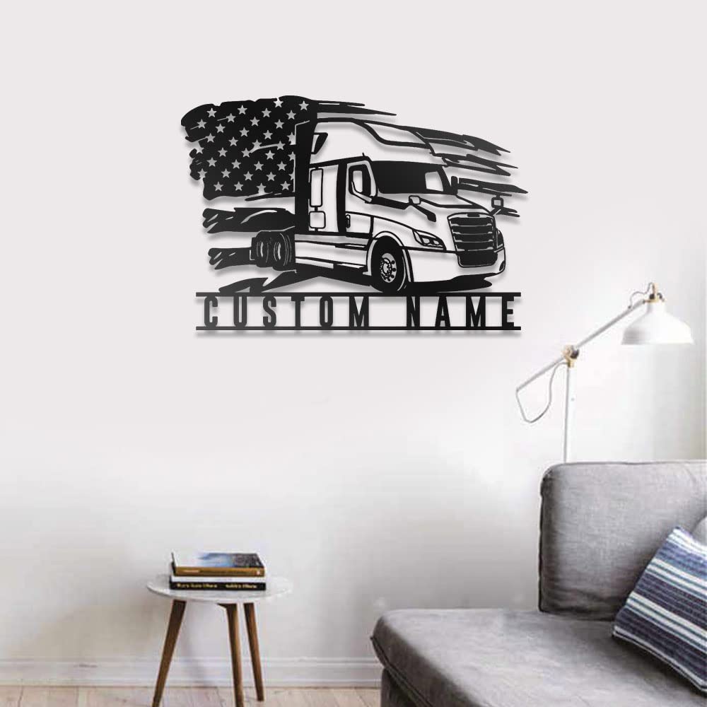 Custom Cascadia Truck Metal Wall Art with LED Lights - Personalized Trucker Black Metal Sign for Living Room, Outdoor Decor - Large 24x24 Inch Home Gift for Truck Drivers - Perfect for Man Cave, Garage & Office Decor