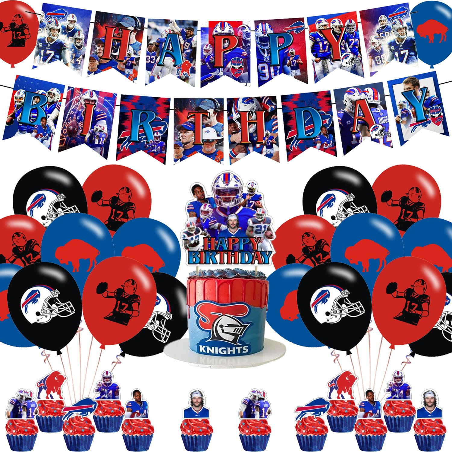 Buffalo Bills Party Decorations Set - Birthday Party Supplies with Banner, Cake Topper, 12 Cupcake Toppers & 18 Balloons | Perfect for Football Theme Parties, Game Day Celebrations & Tailgating Events