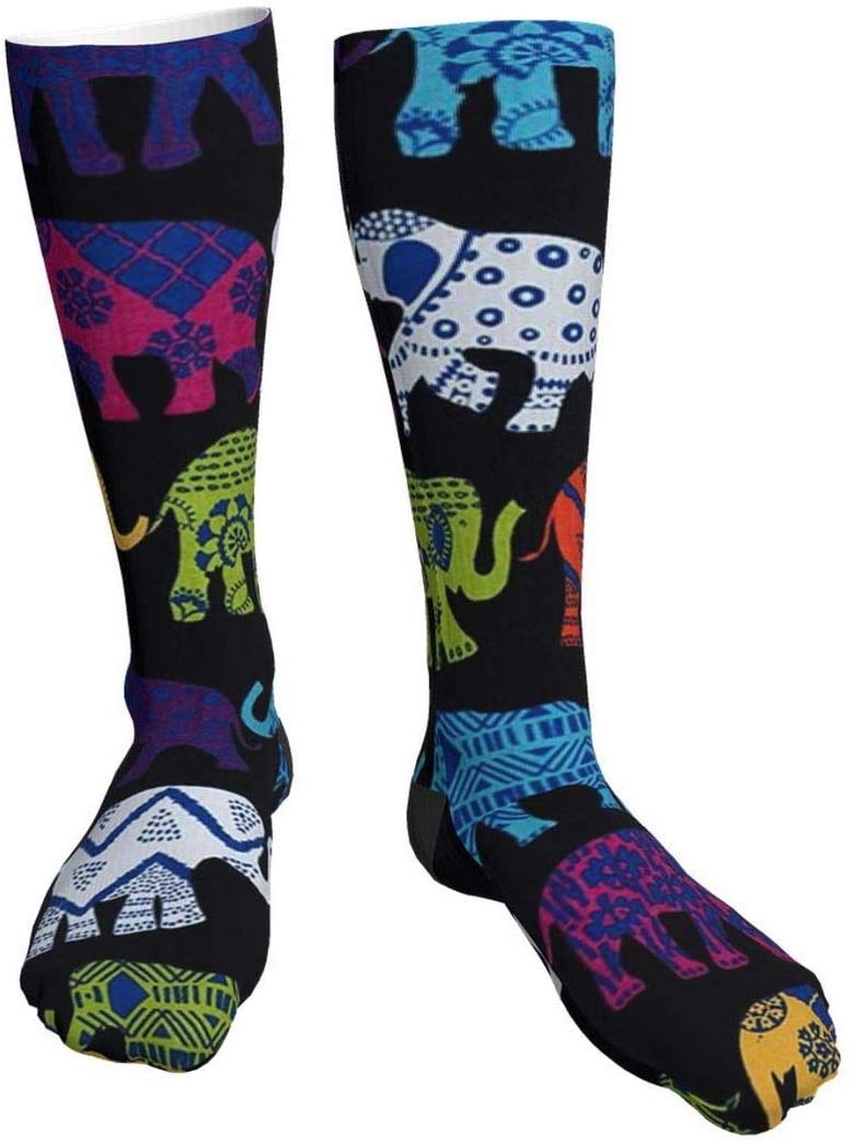 Black Elephants Compression Socks for Men & Women - Crazy Patterned Fun Long Cotton Socks Over The Calf - Perfect for Running, Travel & Work