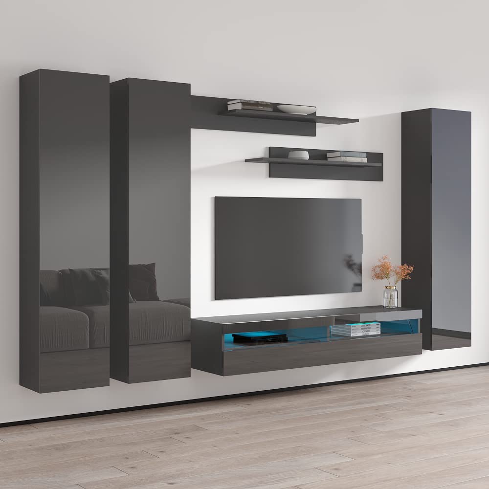 Modern Wall-Mounted TV Stand with Storage Shelves & LED Lights - 35