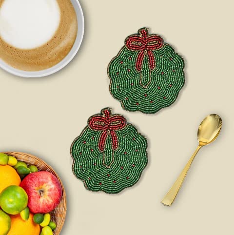 Handmade Indian Glass Beaded Coasters (4 Inch) - Set of 2 Red & Green Coasters for Dining Table, Coffee Table | Home Decor Accessories & Thanksgiving Gifts - Perfect for Holiday Parties, Dinner Settings & Home Styling