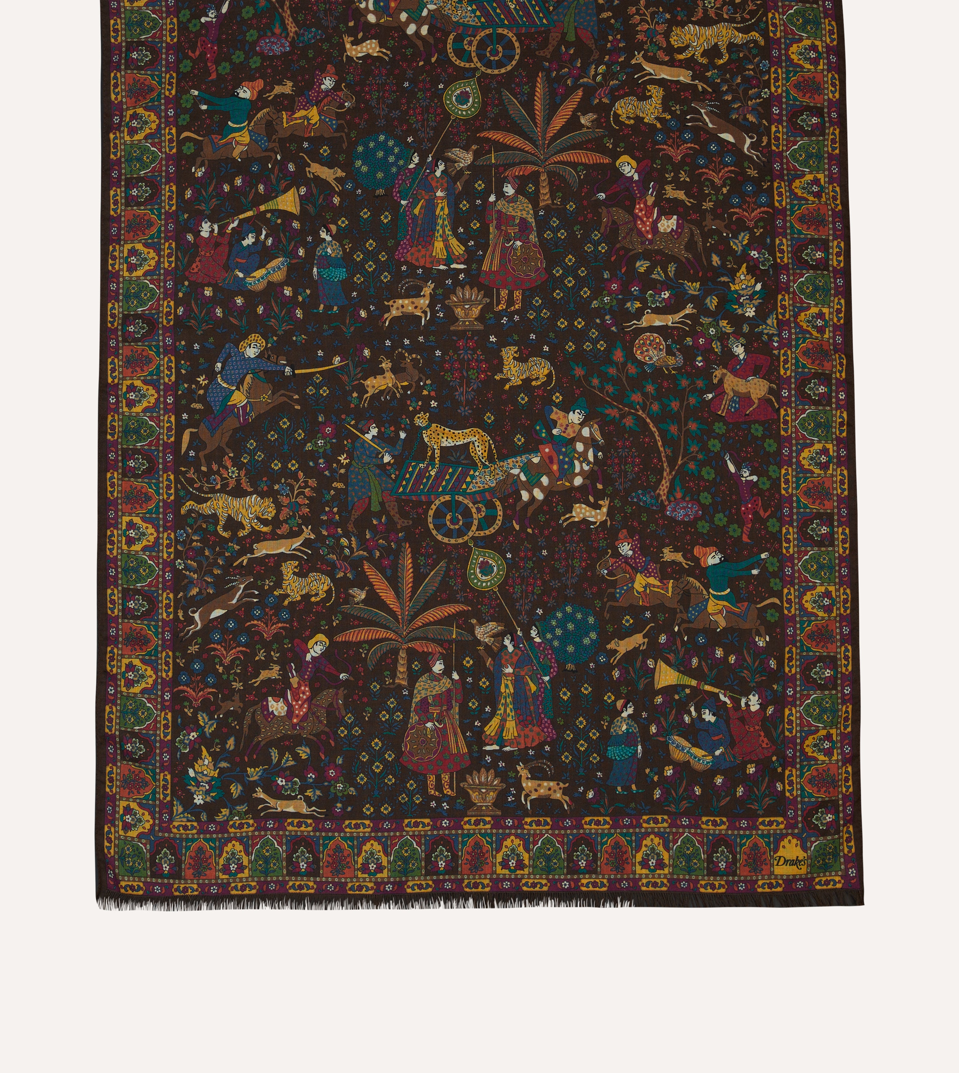 Luxury Brown Mughal Hunter Print Wool Silk Scarf - Elegant Winter Fashion Accessory for Women, Perfect for Office, Parties & Special Occasions