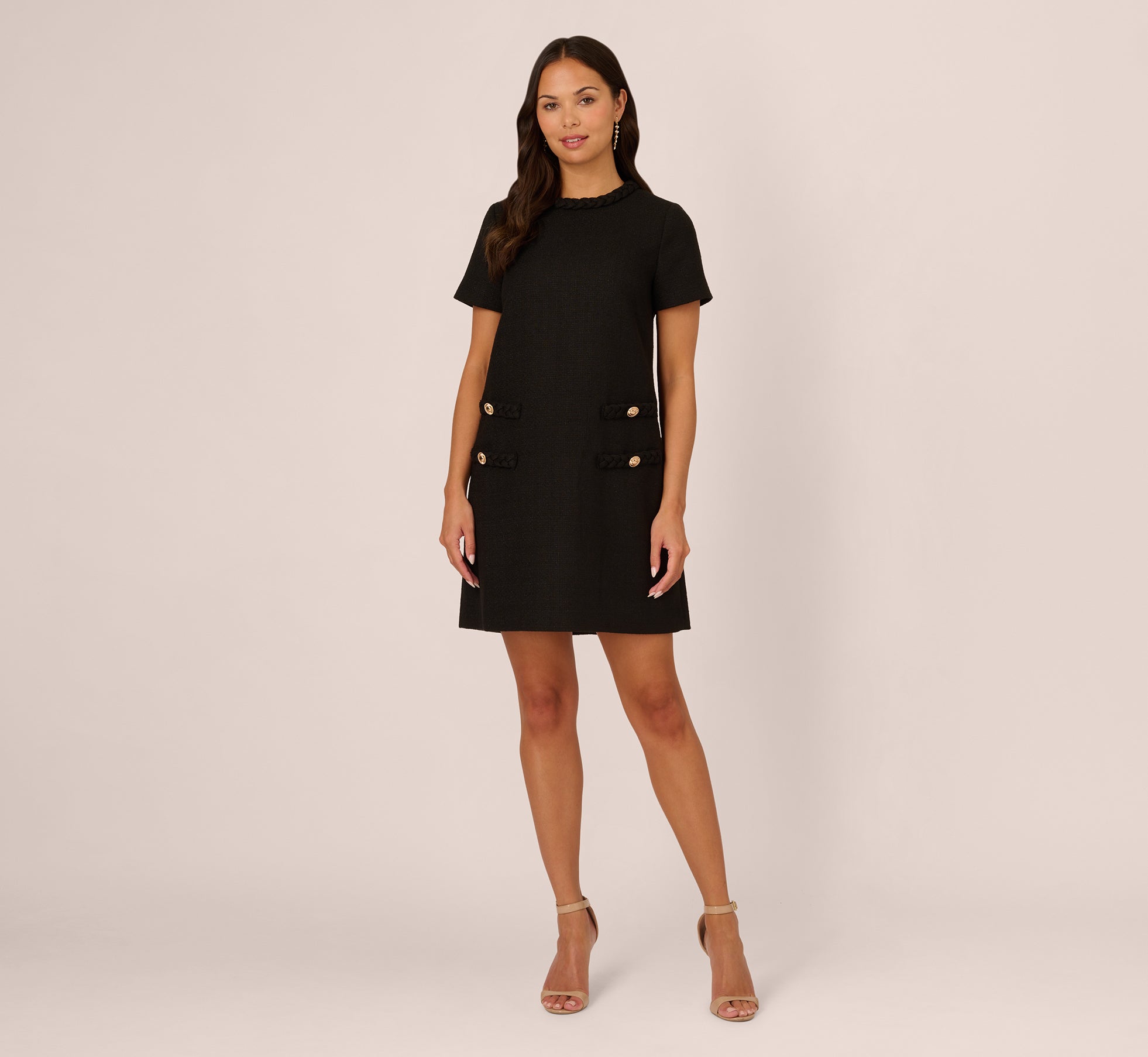 Black Tweed Sheath Dress with Short Sleeves - Elegant Office Wear & Cocktail Party Dress for Women