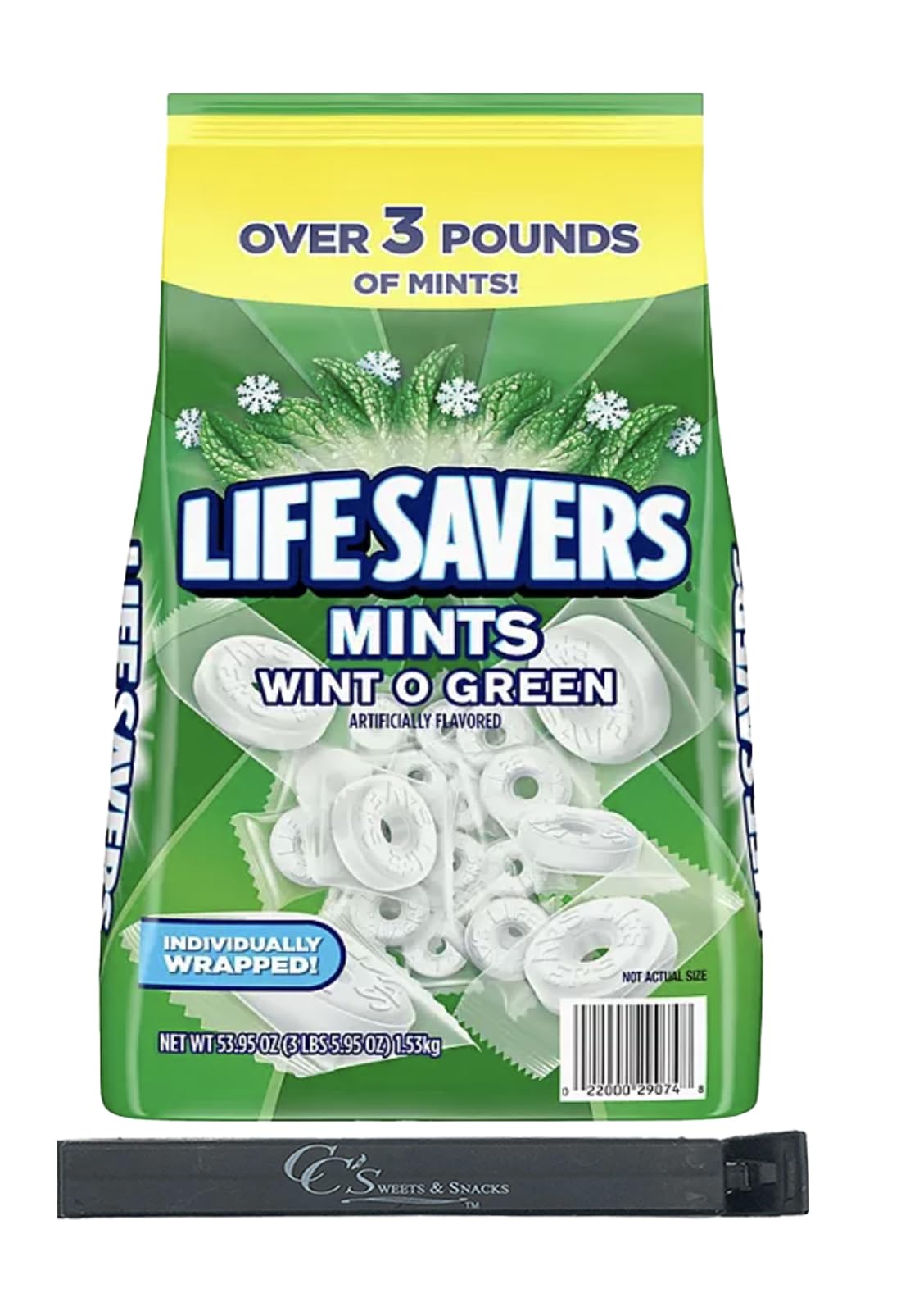 LifeSavers Wint O Green Individually Wrapped Mints - Bulk 3.5lbs (56oz) Refreshing Breath Mints for Office, Car & Travel - Includes CC's Sweets & Snacks Bag Clip