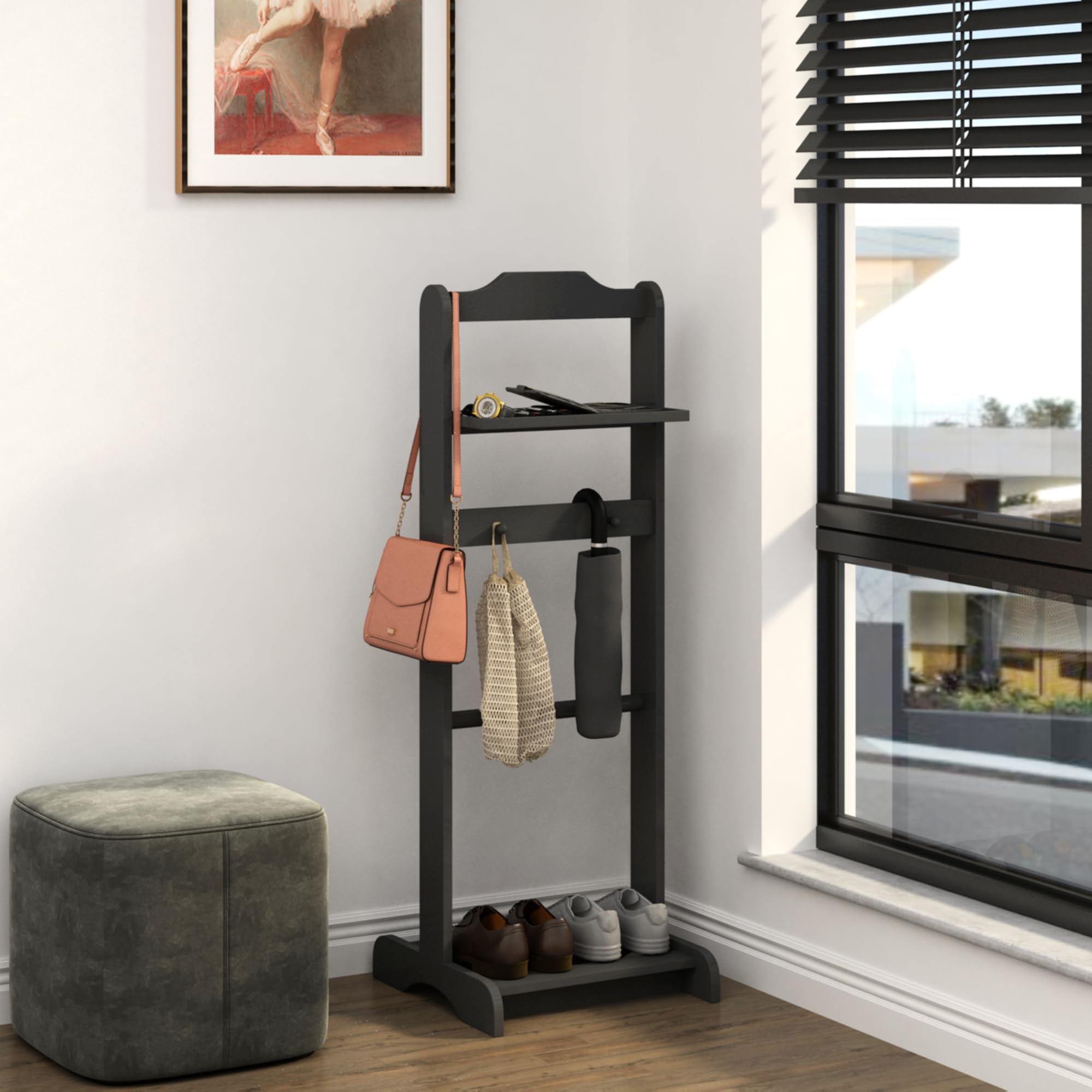 Black Valet Stand with Storage Organizer - Portable Garment Rack for Clothes | Bedroom, Closet & Travel Use