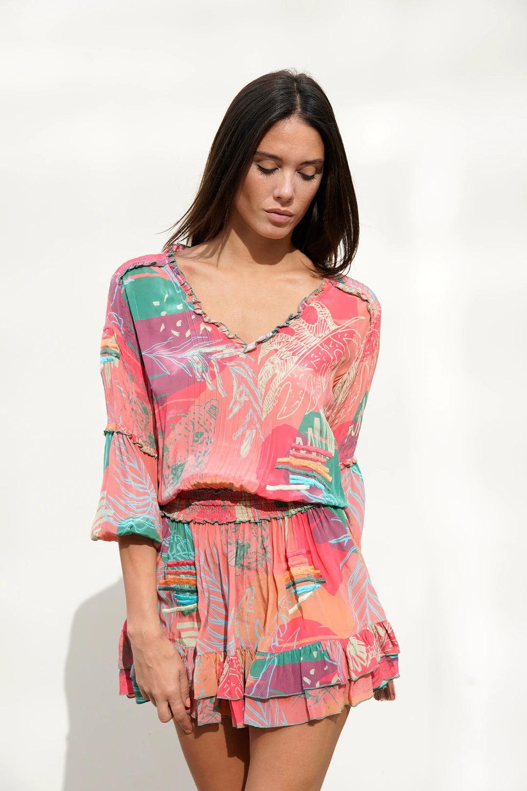 Deniz Dress - Pink Abstract Jungle Print Flowy Maxi Dress for Women | Boho Chic Summer Beach Dress, Vacation & Party Wear