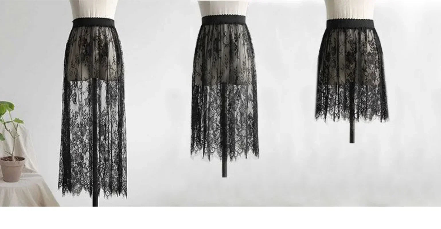 Elegant Black and White Lace High Waist Midi Skirt - Long Tulle Skirt with Elastic Waistband for Women - Perfect for Beach, Wedding, Party & Formal Occasions