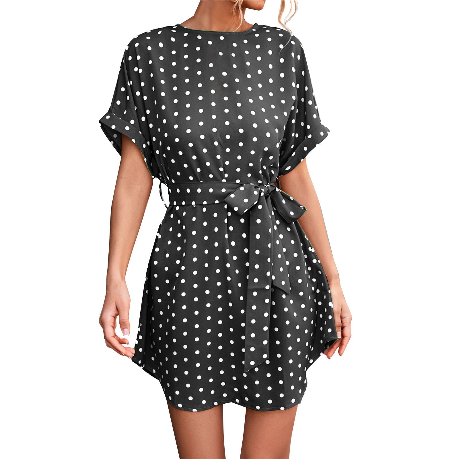 Women's Polka Dot Summer Mini Dress - Casual Short Sleeve Skater Dress with Waist Tie | Perfect for Beach Outings, Date Nights & Prom Parties