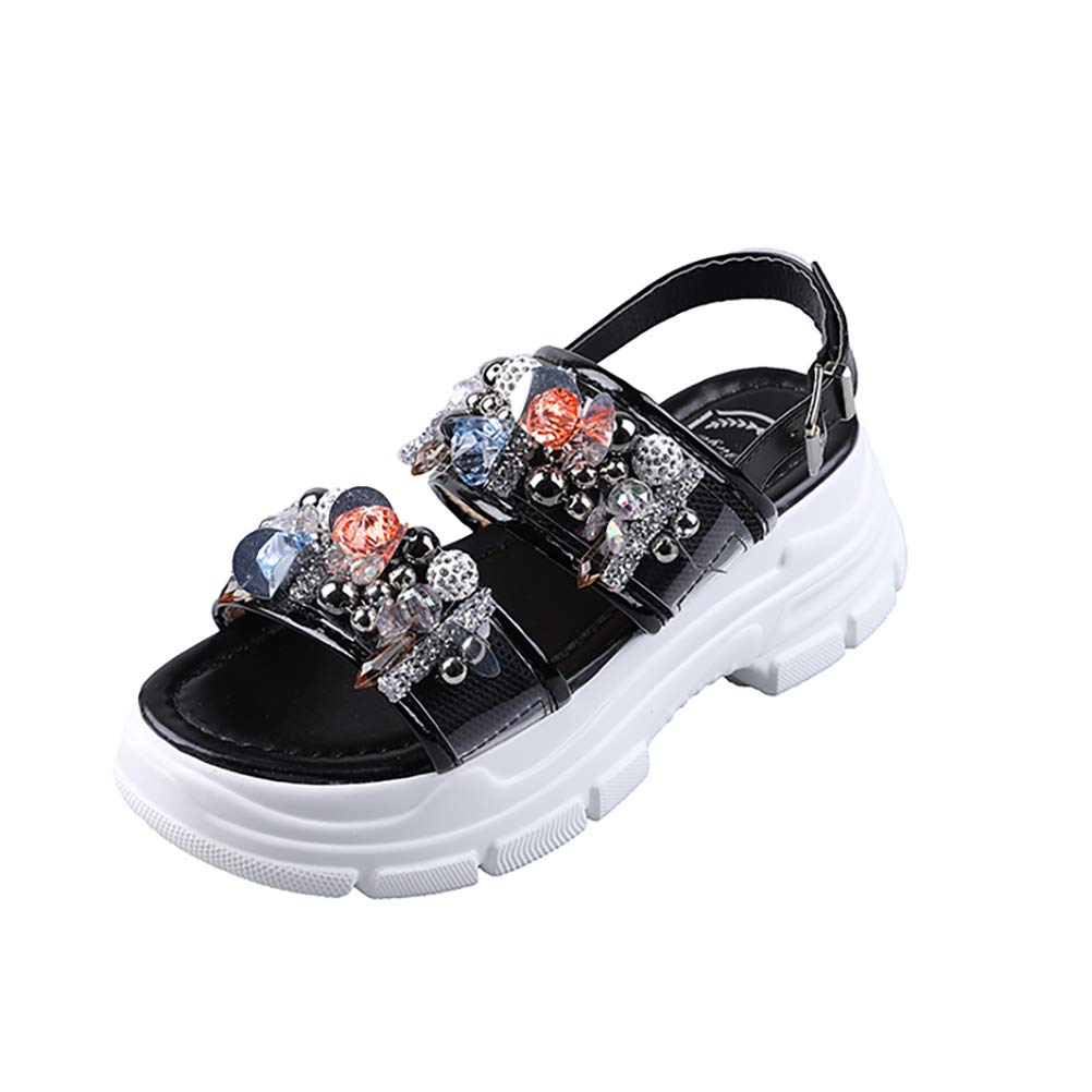 MNSSRN-MM Rhinestone Platform Sandals for Women - Summer Roman Style Beach Shoes with Shimmering Sequins, Comfortable Ladies Sandals (Black, Size 37) - Perfect for Beach Vacations, Pool Parties & Summer Outings