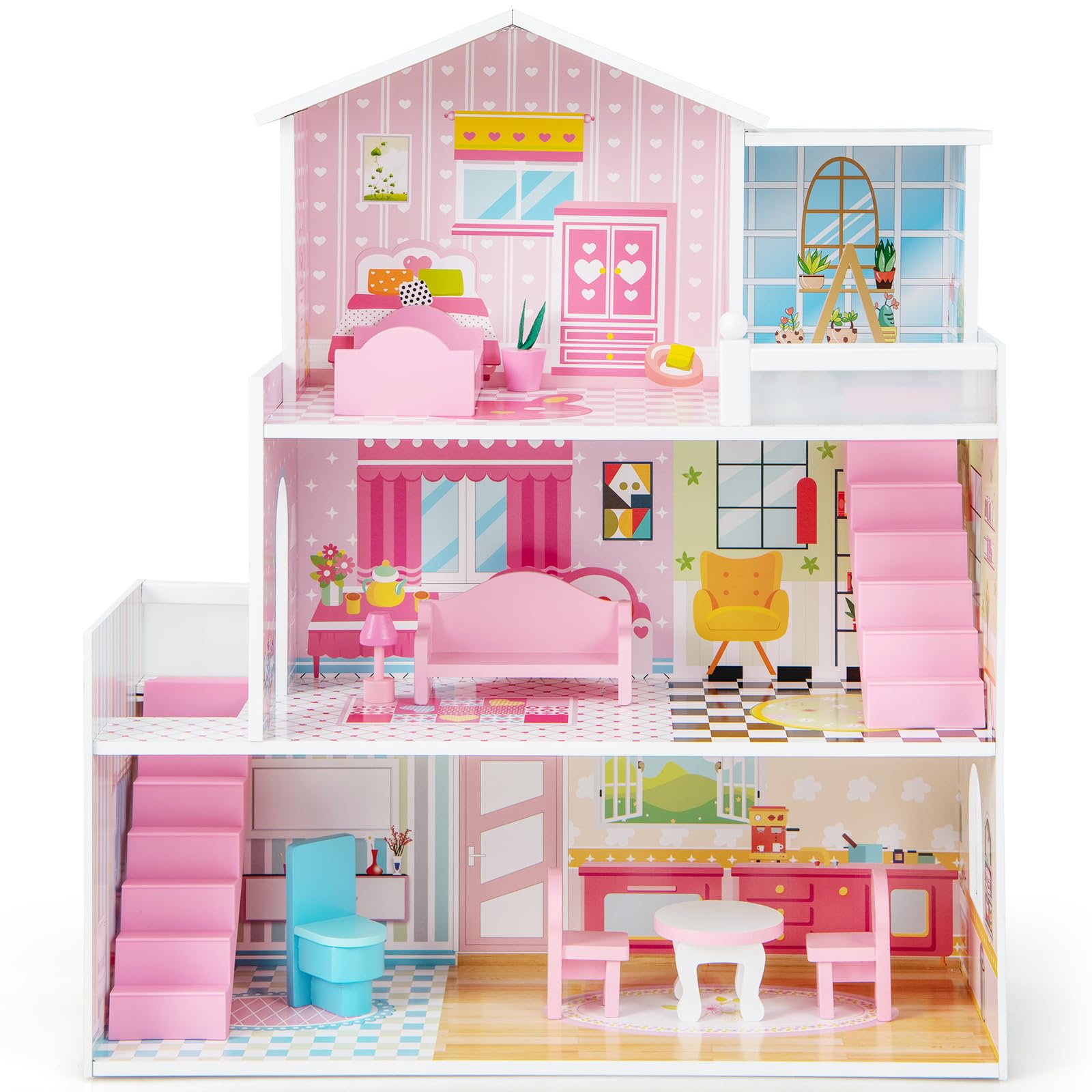 Costzon 3-Story Wooden Dollhouse for Kids - Semi-Open Design with 5 Rooms, 10-Piece Furniture Set, Ladders & Balcony | Preschool Learning Toy, DIY Pretend Play House for Girls & Boys Ages 3+ | Perfect for Birthday Gifts, Classroom Activities & Imaginative Play
