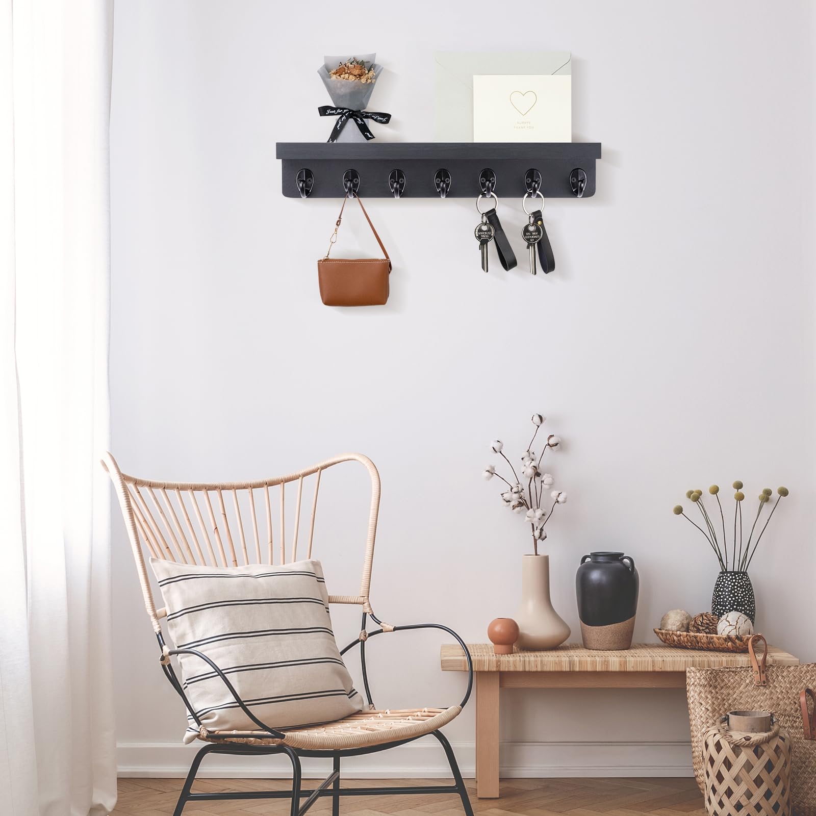 Wooden Wall Mounted Key Holder with Mail Organizer - 14.9 Inch Entryway Storage Solution for Farmhouse, Hallway & Kitchen Decor (Black) | Perfect for Home Organization & Rustic Style Interior Design