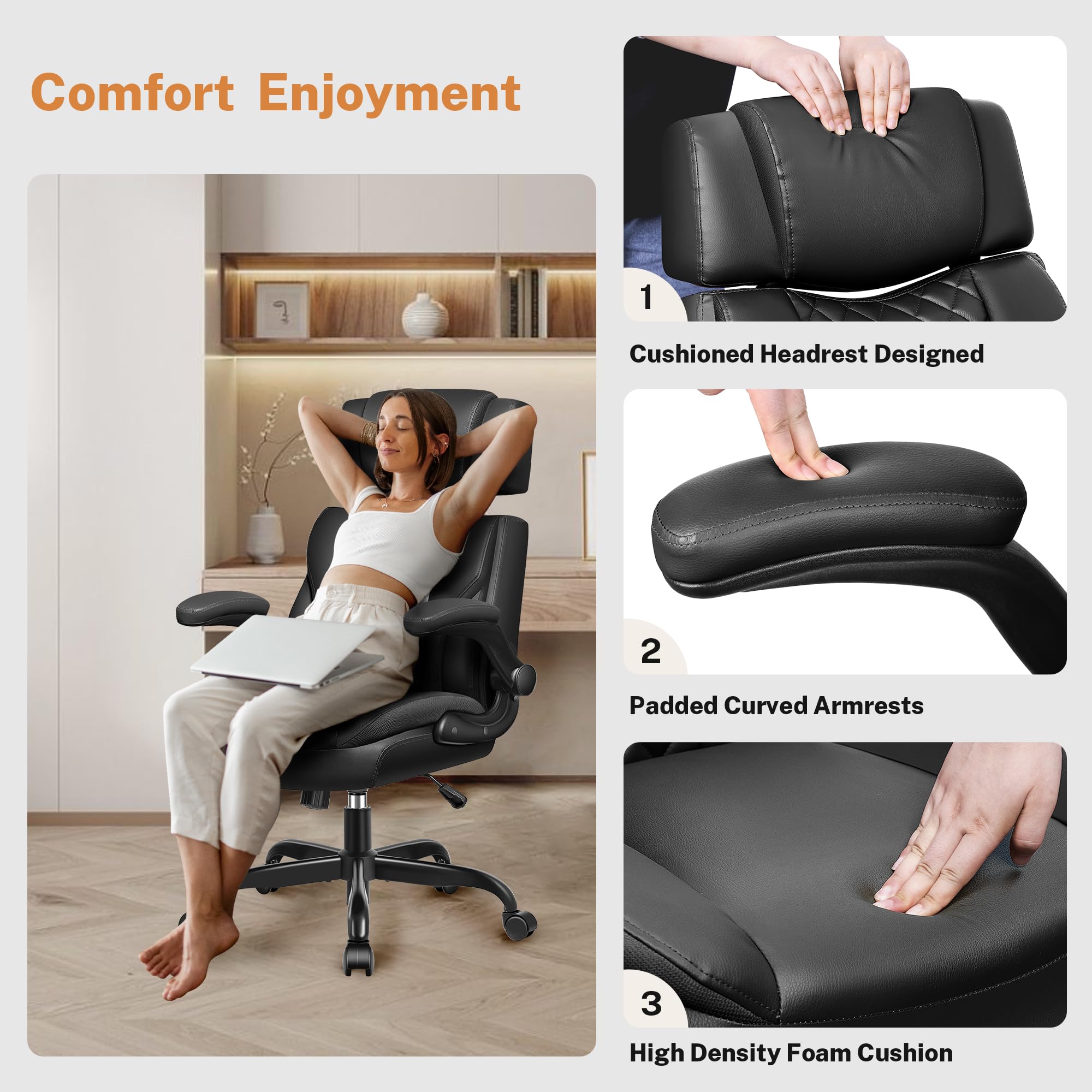 Ergonomic Executive Office Chair with Flip-Up Arms, Adjustable Headrest & Lumbar Support - Premium Leather Desk Chair with Rocking Function for Home Office & Computer Work