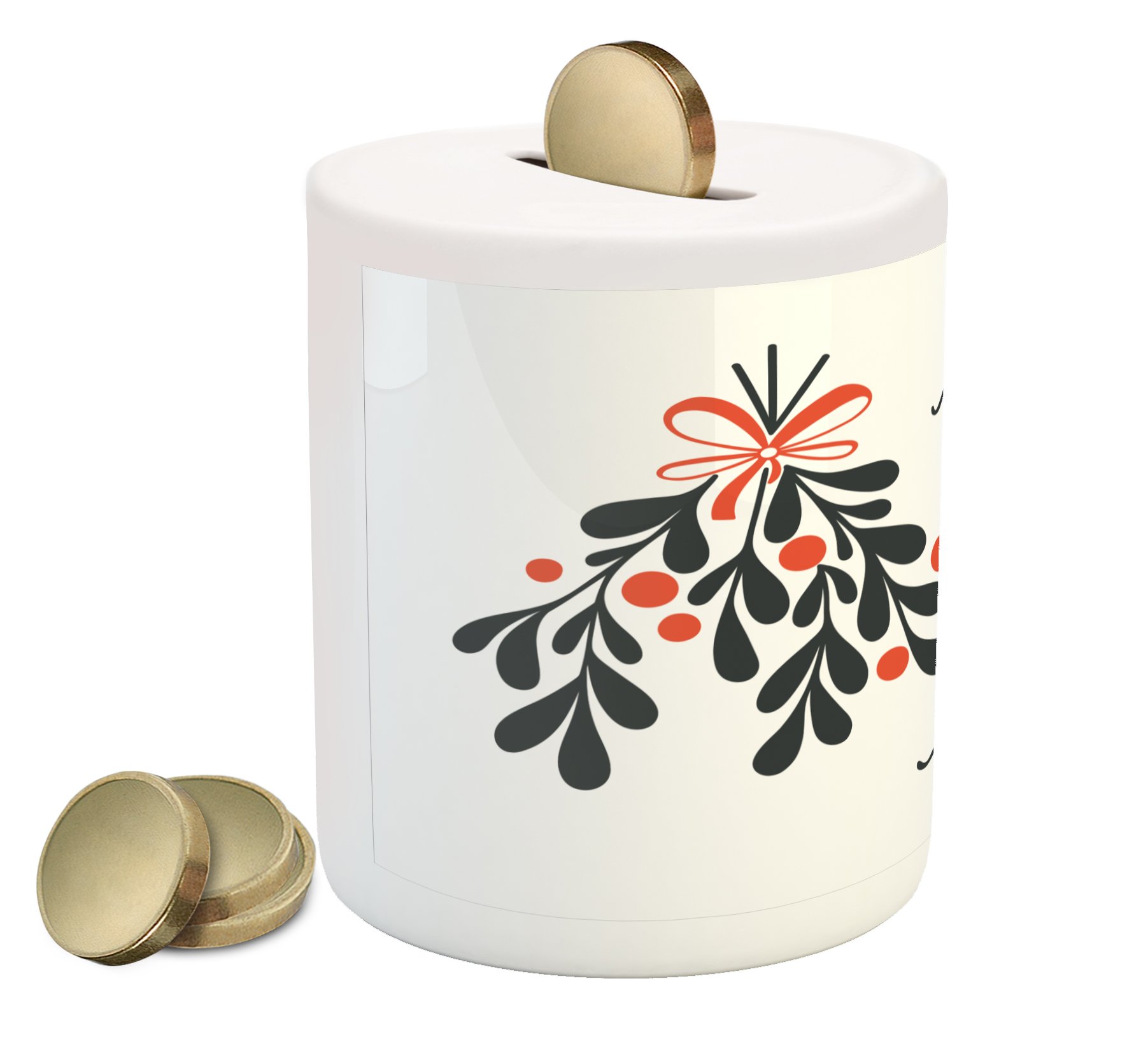Ambesonne Ceramic Piggy Bank with 'Meet Me Under The Mistletoe' Christmas Floral Design - Modern Money Box for Cash Saving in Charcoal Grey & Vermilion - Perfect Holiday Gift & Coin Collector for Kids & Adults