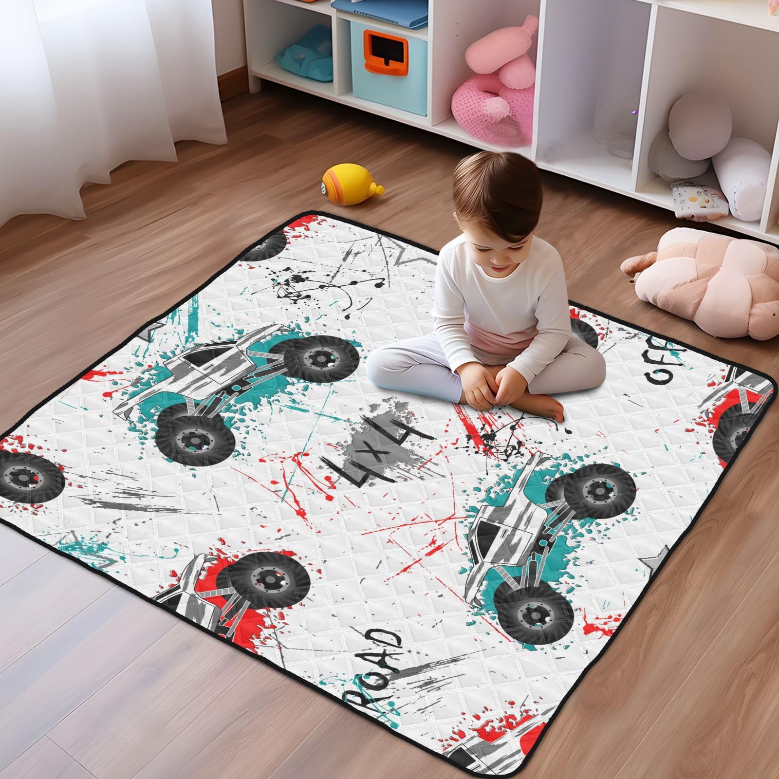 Soft Non-Toxic Baby Play Mat - Green & Red Trucks Design 50x50 Inch - Safe Crawling Mat for Infants 0-12 Months | Perfect for Nursery, Playroom & Daycare Floor Protection