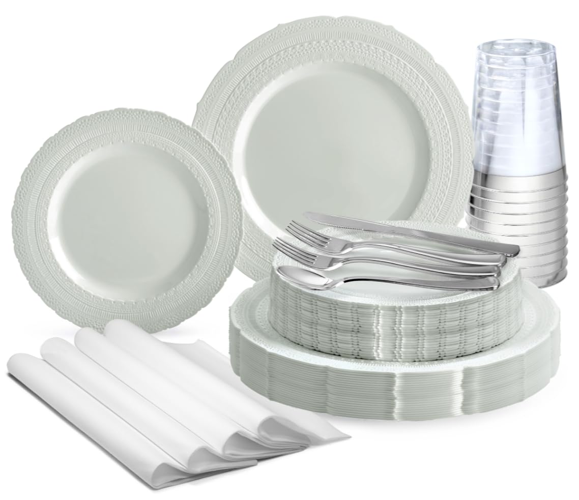 320-Piece Vintage Wedding Dinnerware Set (40 Guests) - Heavyweight Disposable/Reusable Plastic Plates, Silverware, Cups & Napkins - Chateau Collection Light Gray - Perfect for Weddings, Parties & Special Events